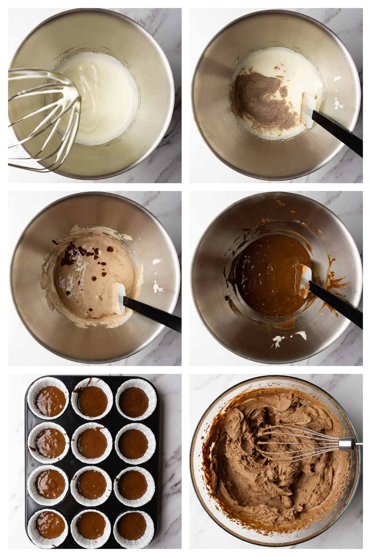 Collage showing step by step instructions to whipped ganache frosting and chocolate cupcakes.