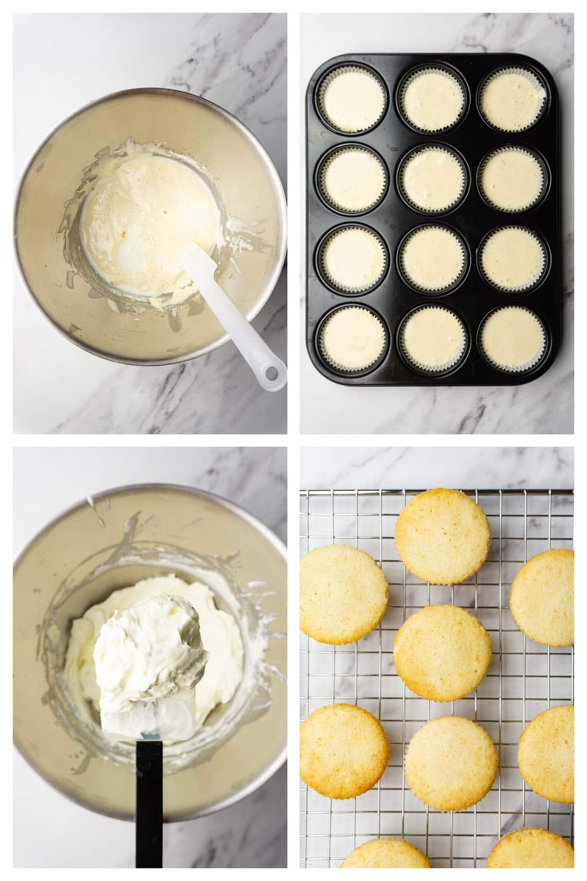 Collage showing step by step instructions to make vanilla cupcakes with cream cheese frosting.