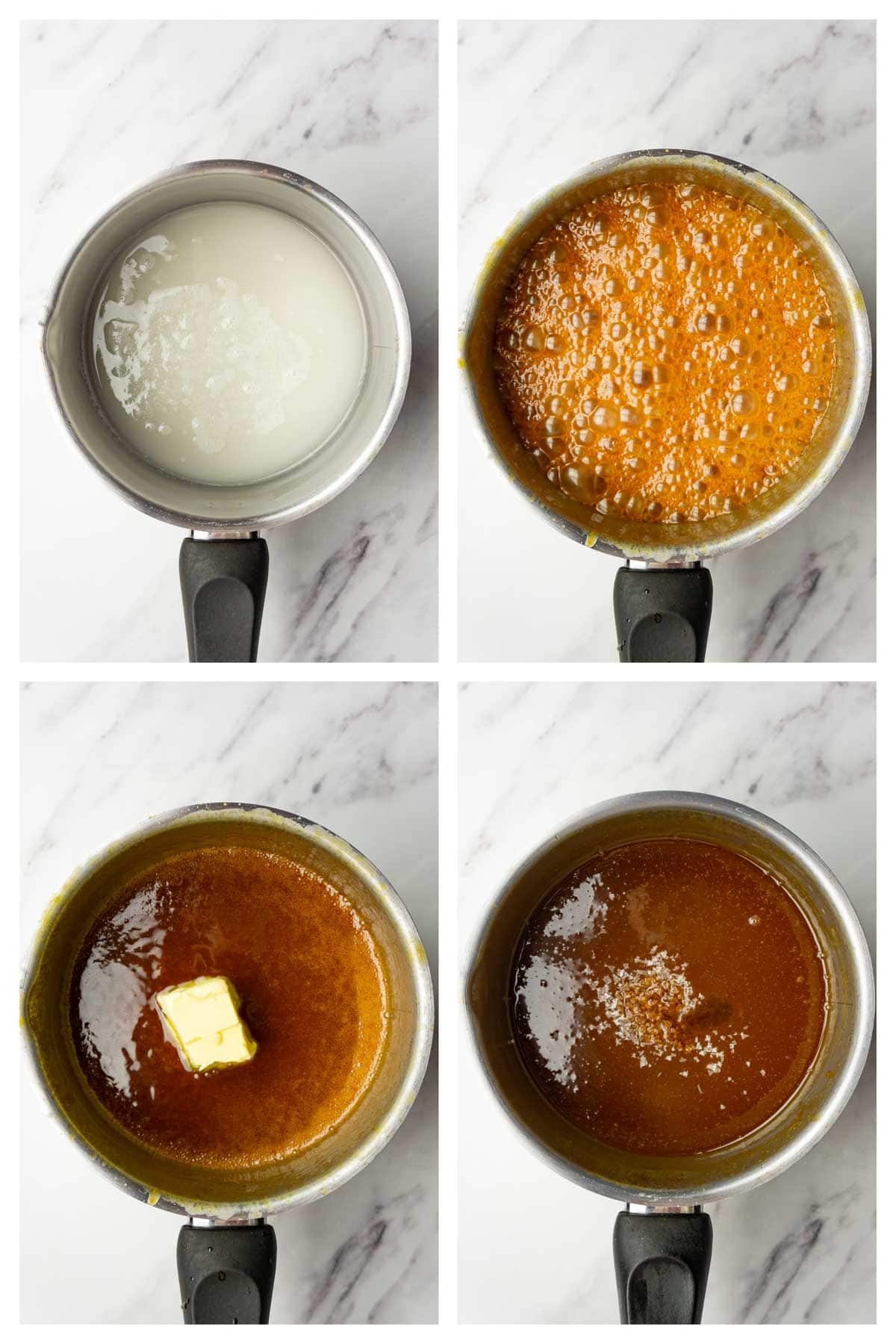 Collage showing step by step instructions to make homemade salted caramel sauce recipe.