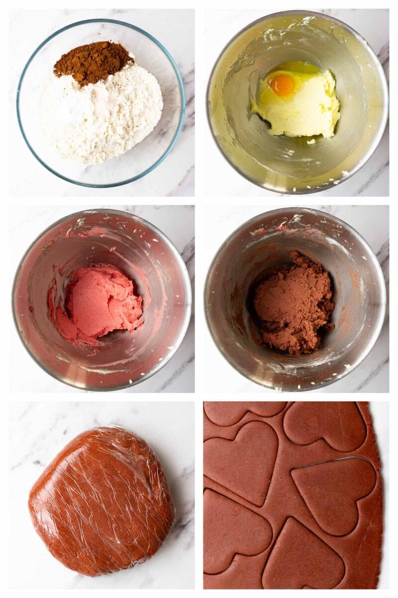Collage image showing step by step instructions to make red heart-shaped Valentine cookies.