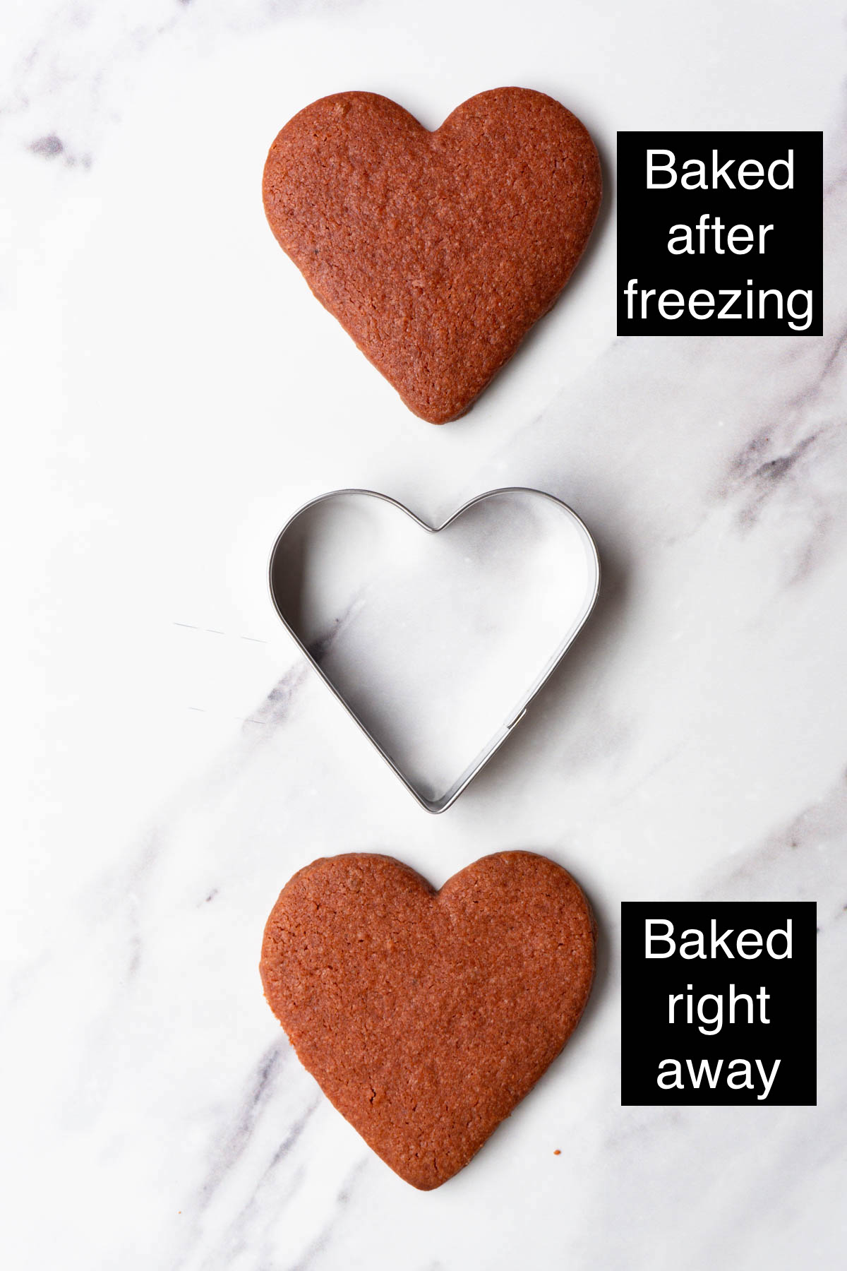 Image showing two heart shaped cookies, one was baked right away and one was baked after freezing the dough.