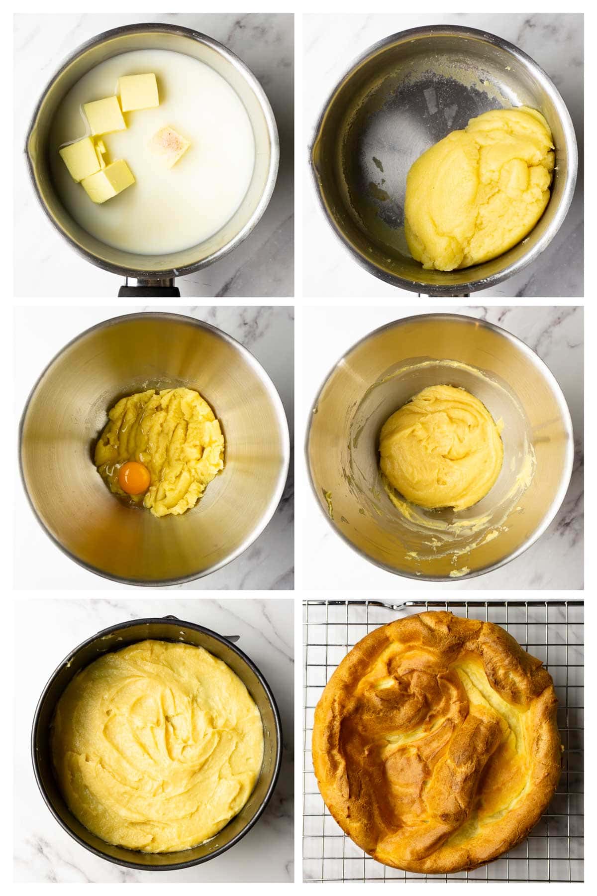 Collage image showing step by step instructions to make choux pastry for karpatka cake.