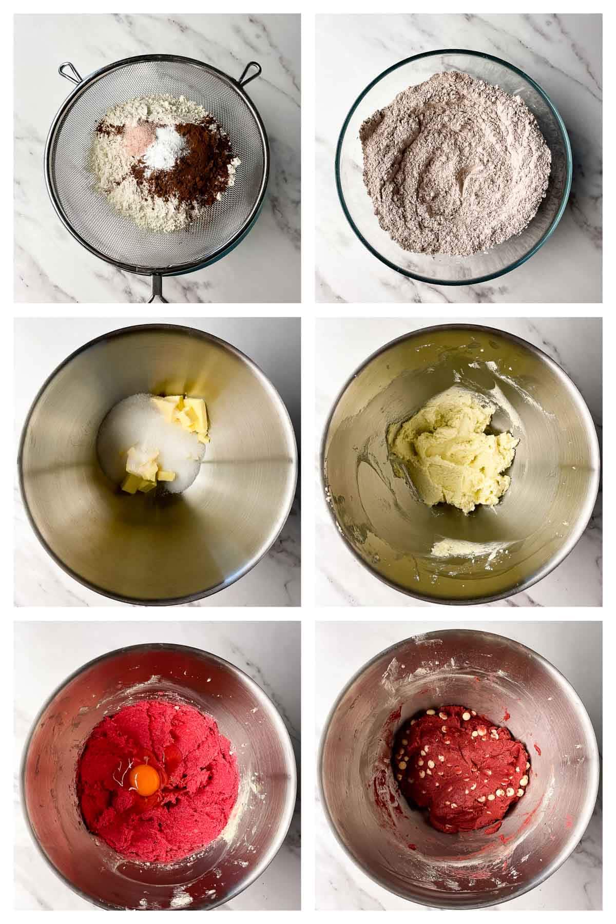 Collage image showing step by step instructions to make red velvet cookie dough.