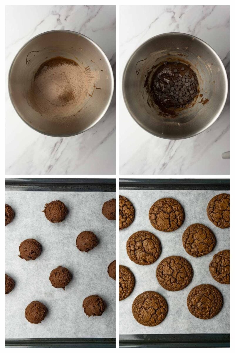 Collage image showing step by step instructions to make chocolate cookies with chocolate chips.