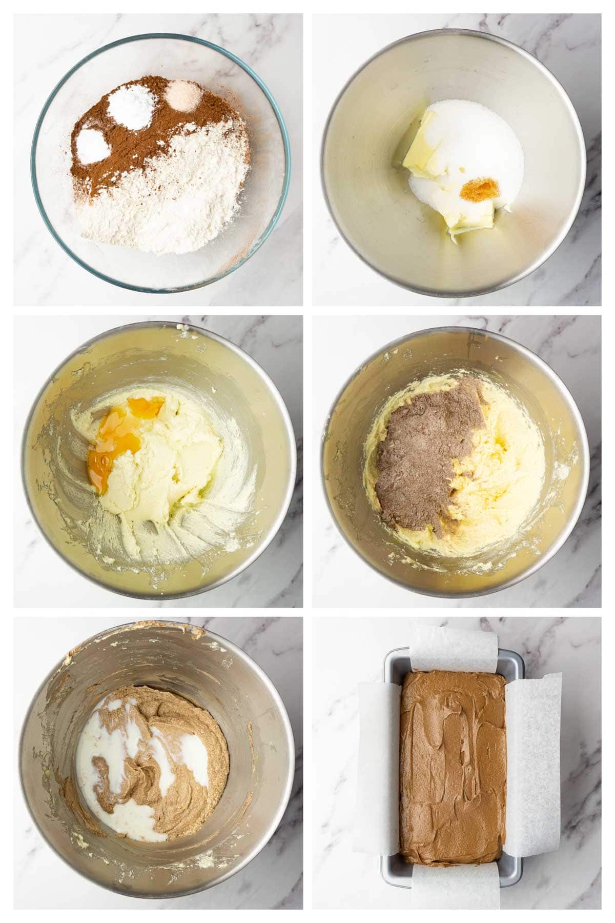 Collage image showing step by step instructions to make chocolate pound cake.