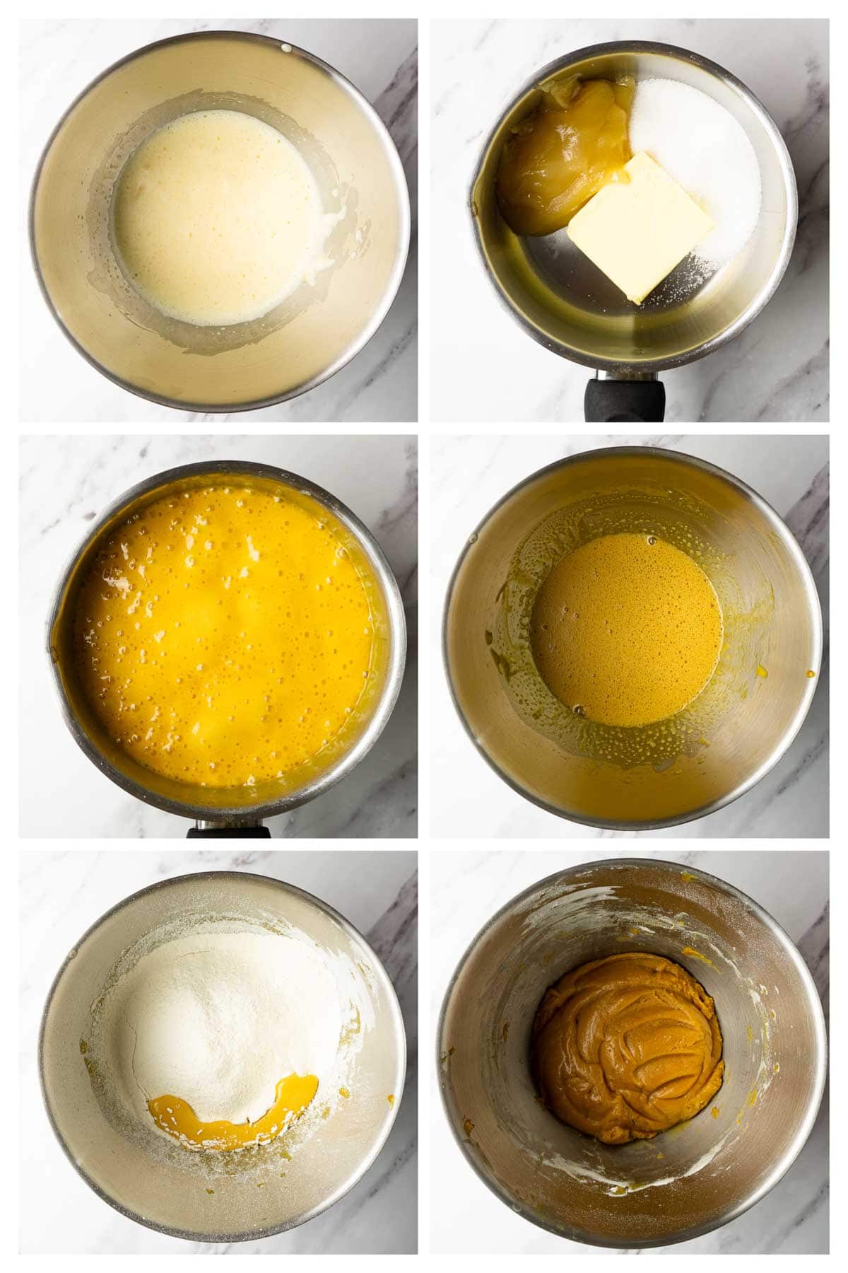 Collage image showing step by step instructions to make dough for honey cake.