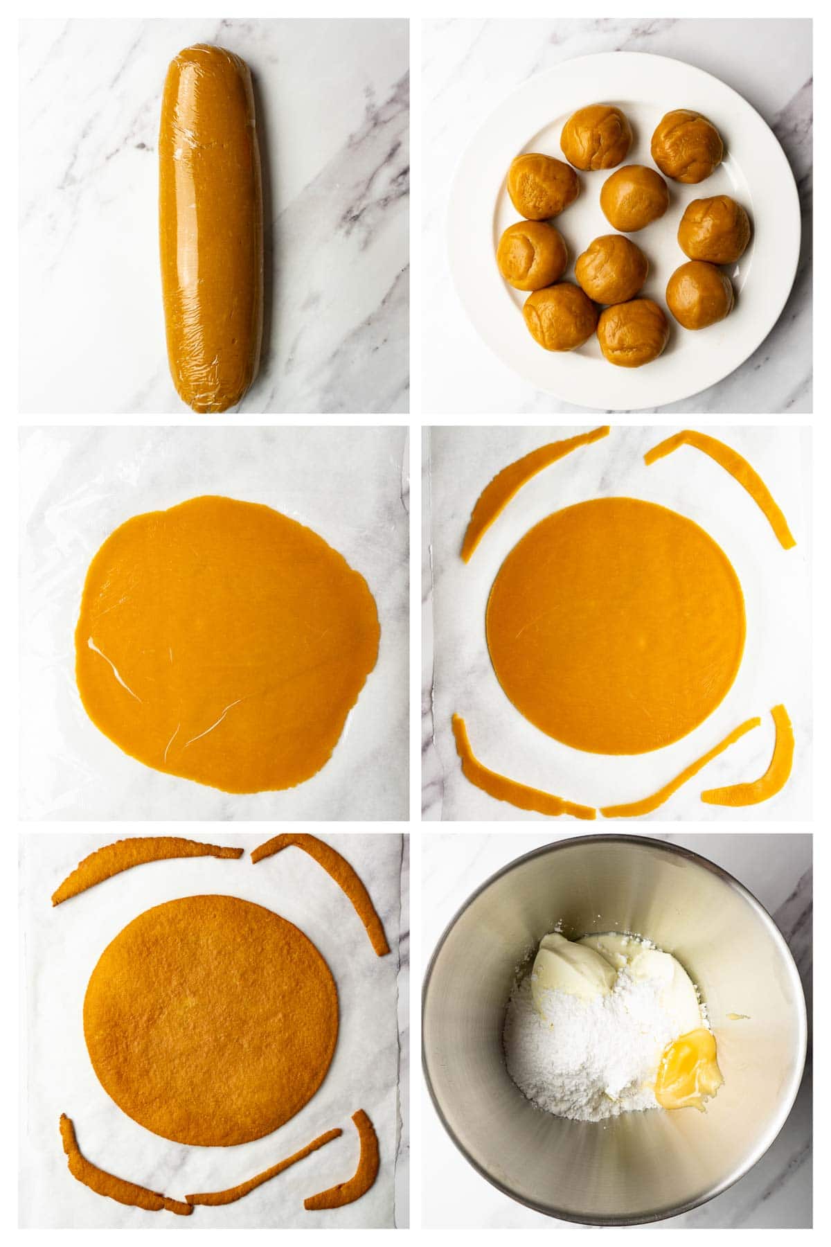 Collage image showing step by step instructions to make honey cake layers.