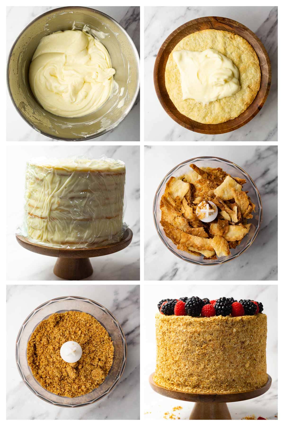 Collage image showing step by step instructions to assemble and decorate napoleon cake.
