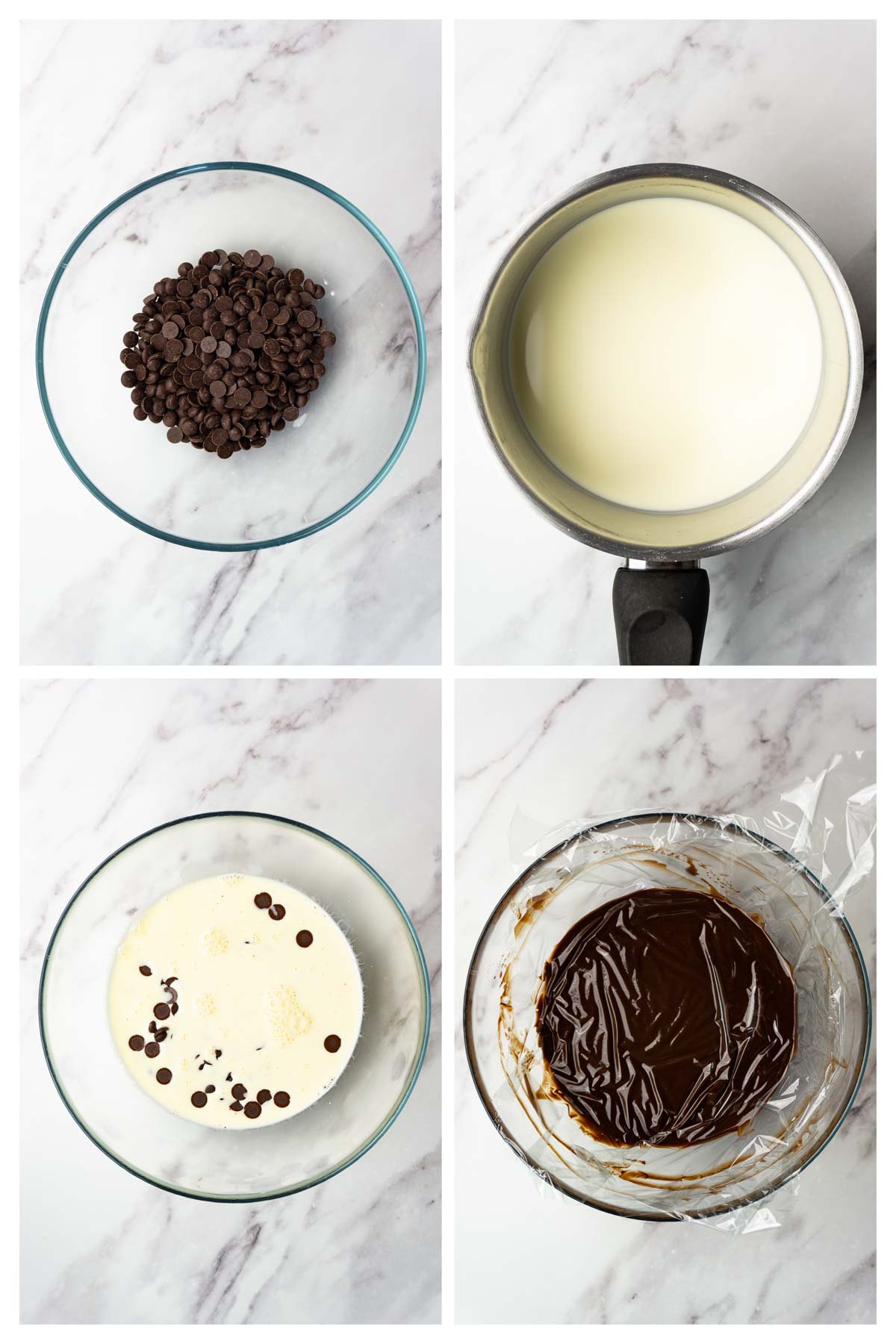 Collage image showing step by step directions to make chocolate ganache.