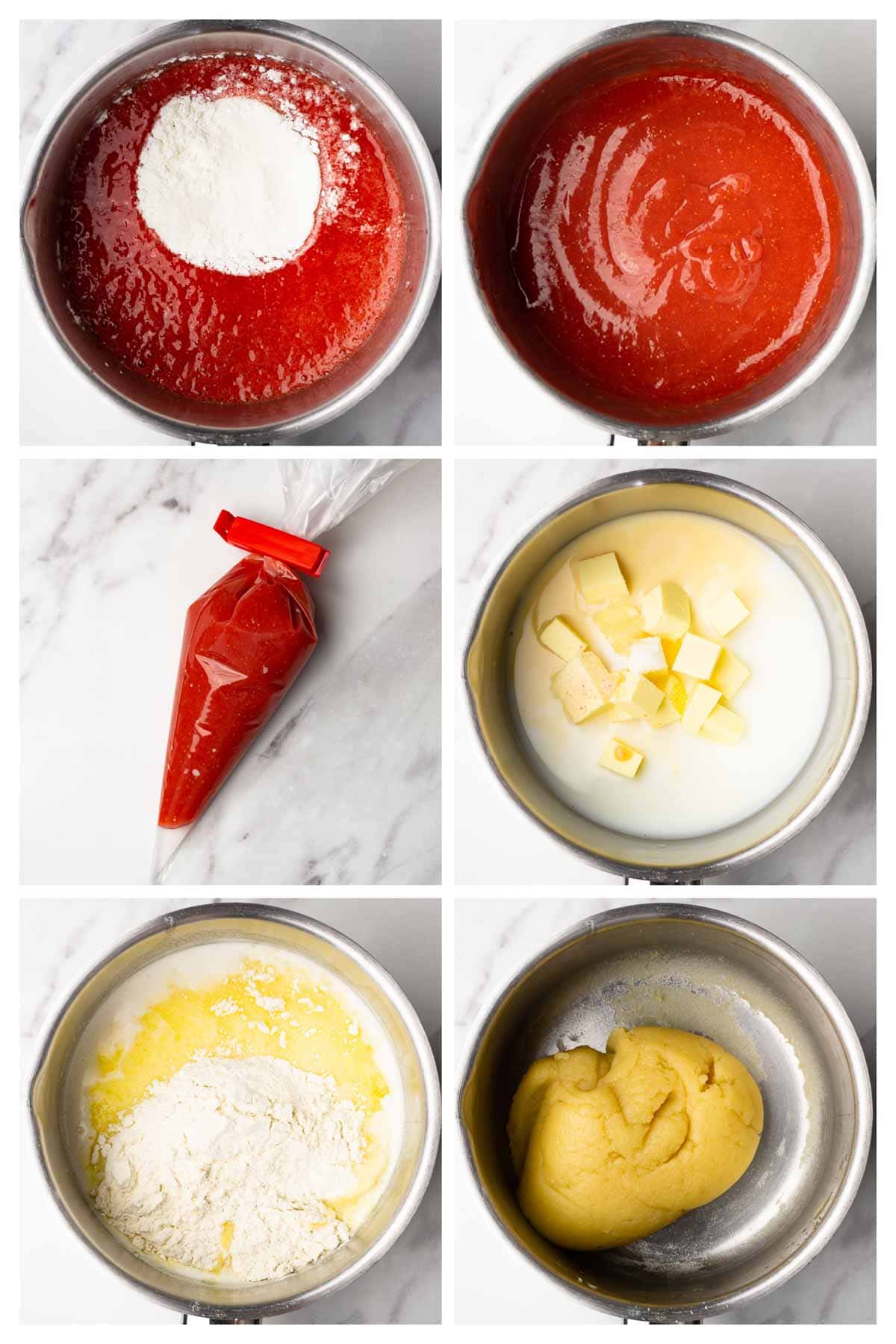 Collage image showing step by step directions to make strawberry filling and choux pastry for cream puffs.