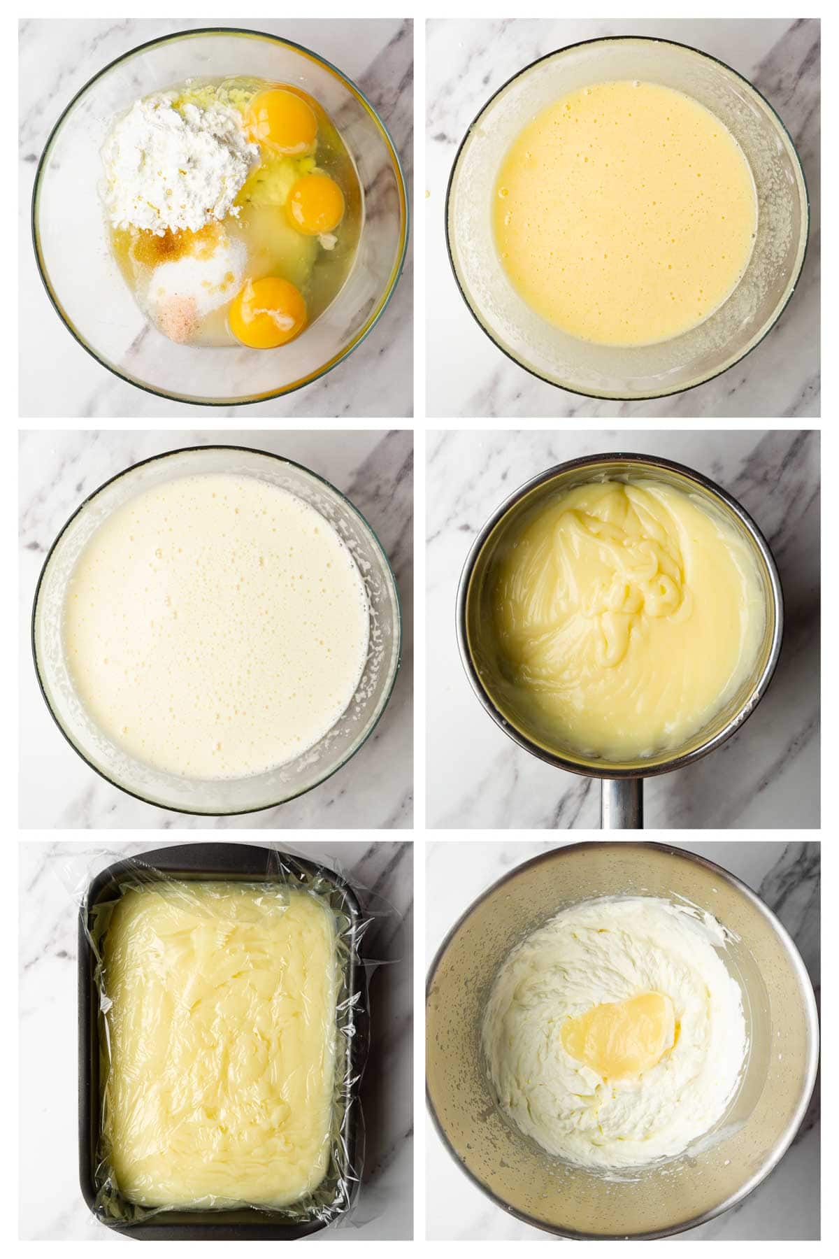 Collage image showing step by step instructions to make pastry cream whipped with heavy cream.
