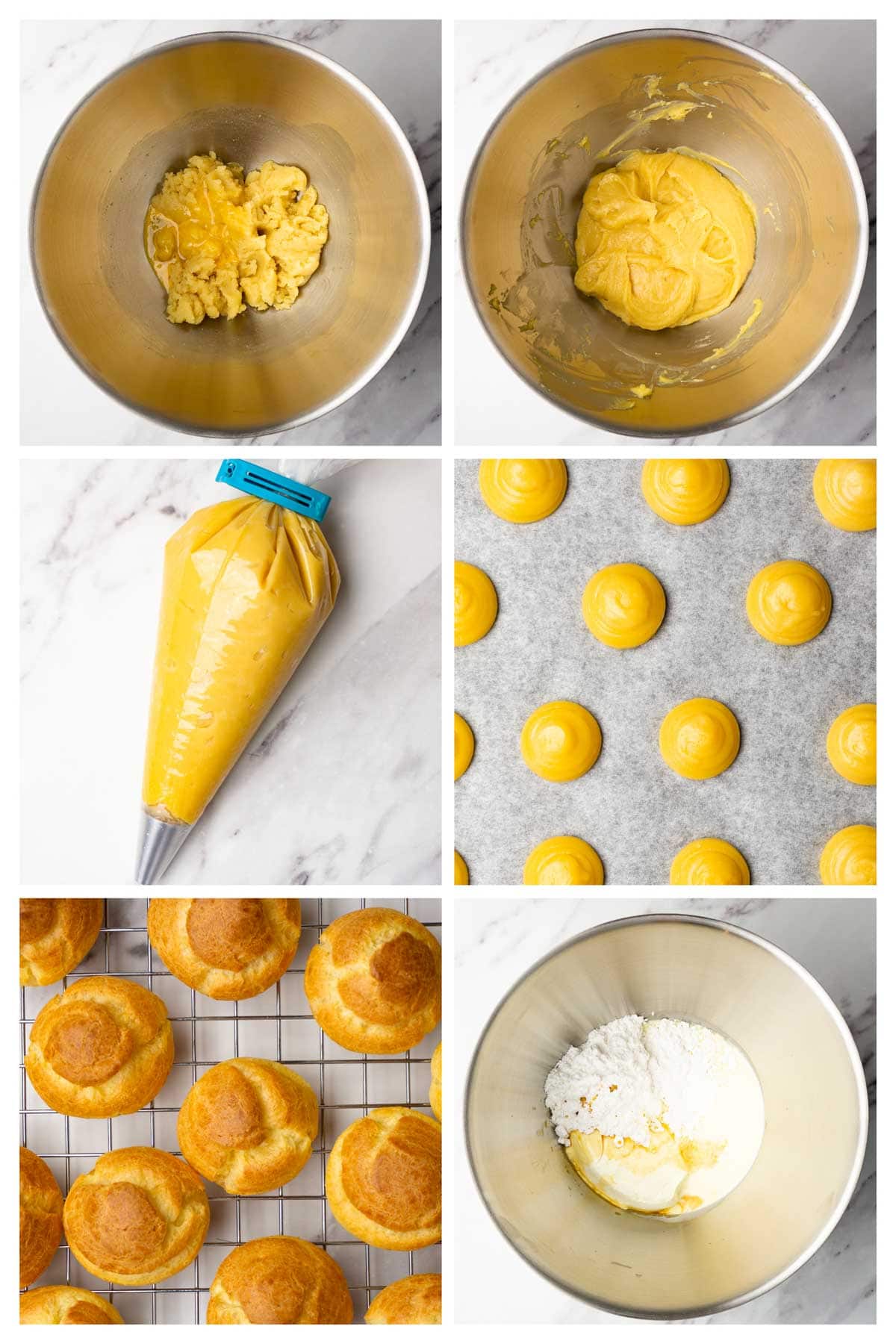 Collage image showing step by step directions to pipe and bake cream puffs and make cream cheese filling.