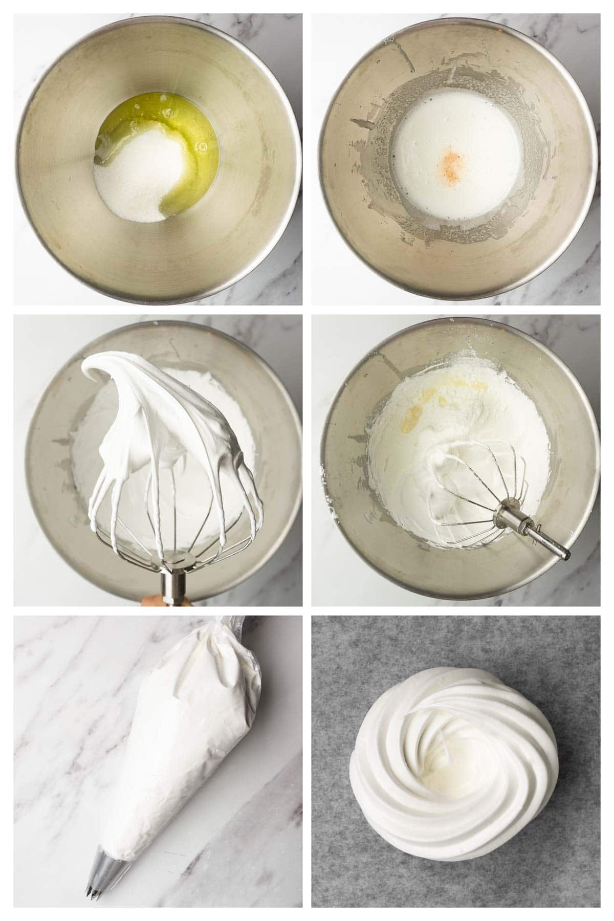 Collage image showing step by step directions to make Swiss meringue for mini pavlovas.