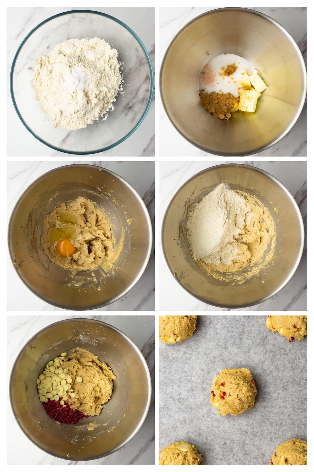 Collage image showing how to make white chocolate chip cookies.