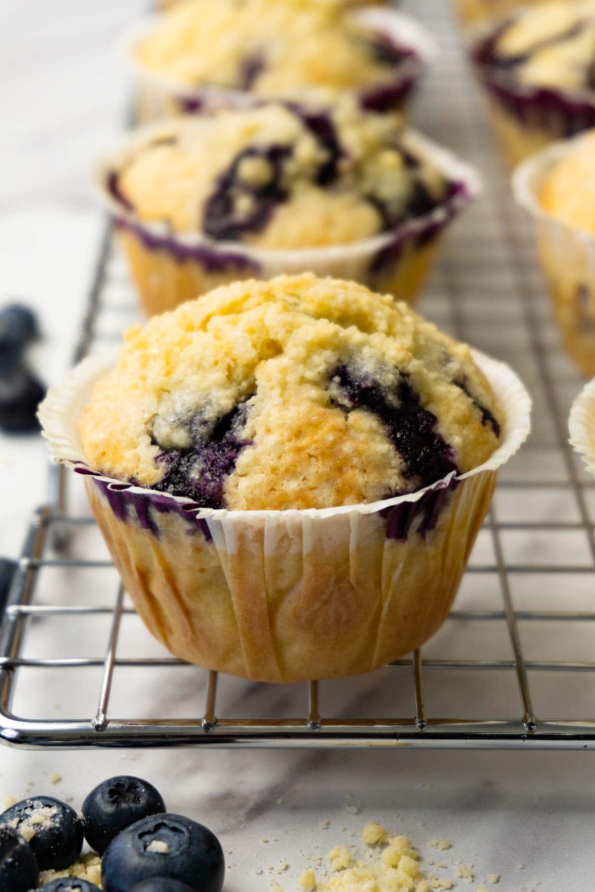 Blueberry muffins with creosol topping on a cooling rack, fresh blueberries are lying next to the rack.