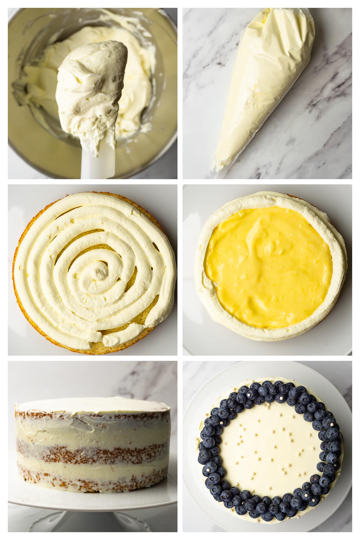 Collage image showing how to assemble lemon curd cake and decorate it with fresh blueberries and sugar purls.