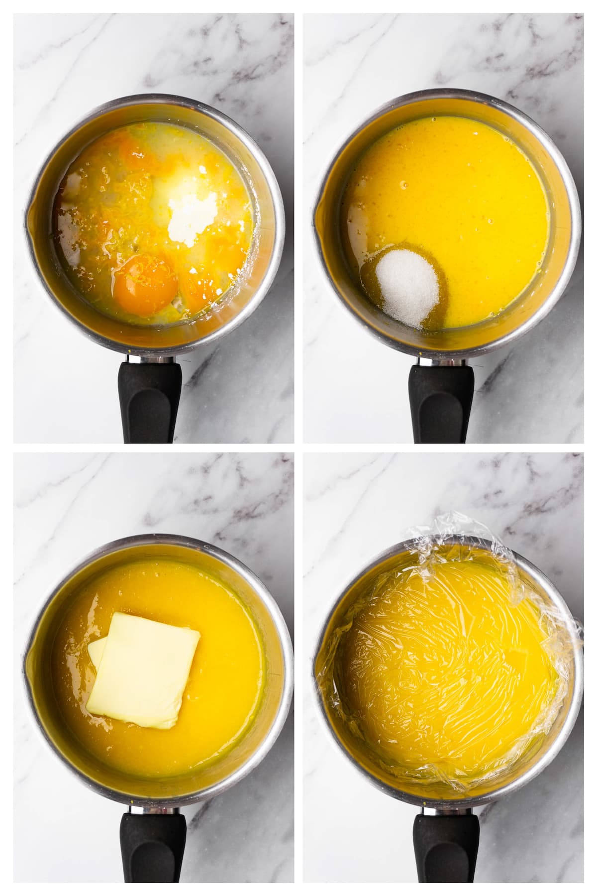 Collage image showing how to make lemon curd.