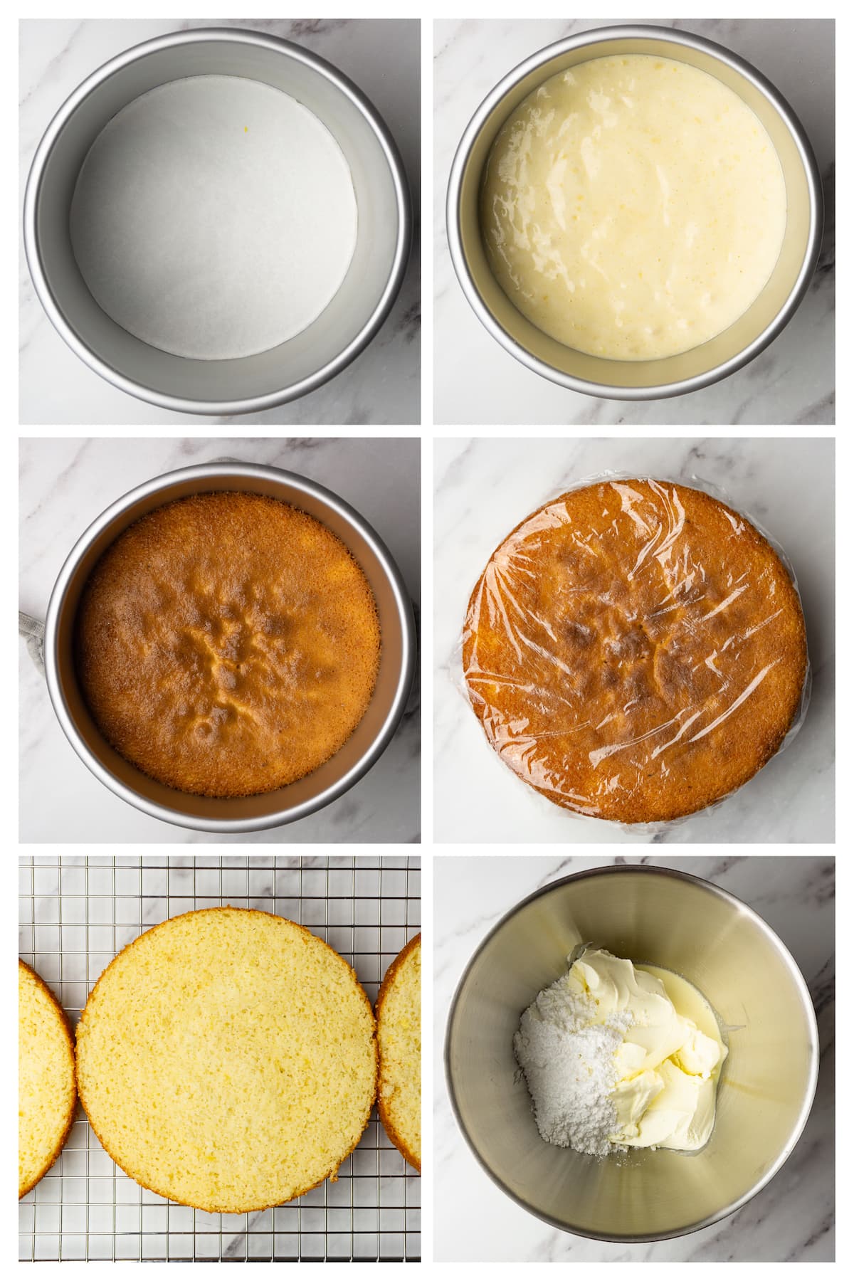 Collage image showing how to bake lemon sponge cake and make cream cheese frosting for it.