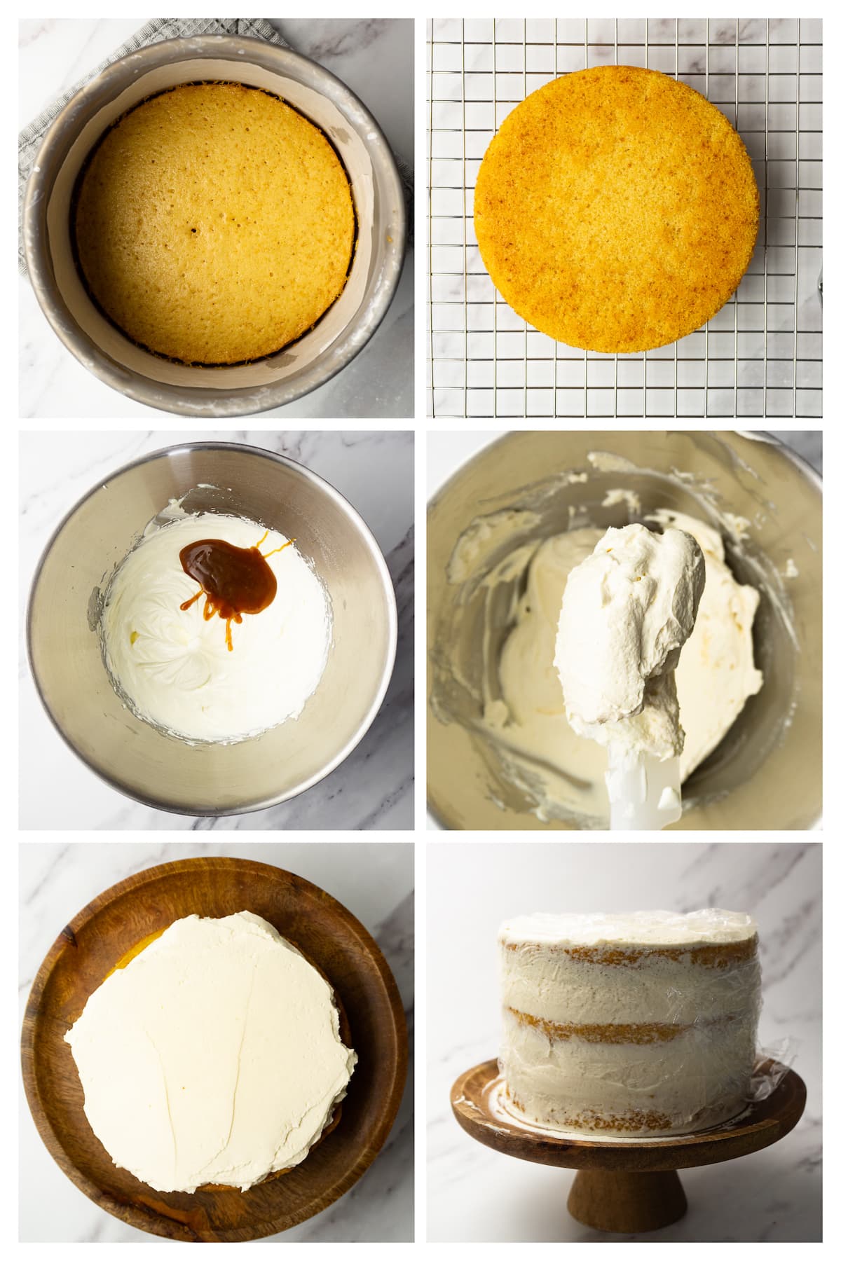 Collage image showing how to make make caramel frosting with mascarpone cheese and assemble caramel cake with it.
