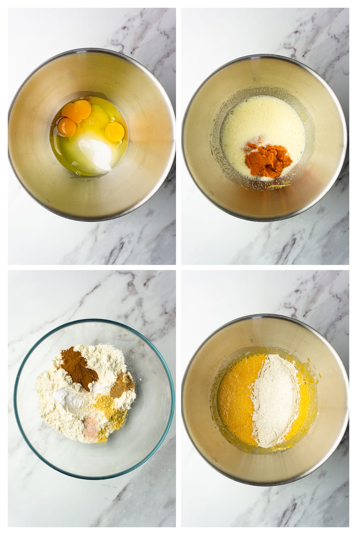 Collage image showing how to make batter for pumpkin roll.