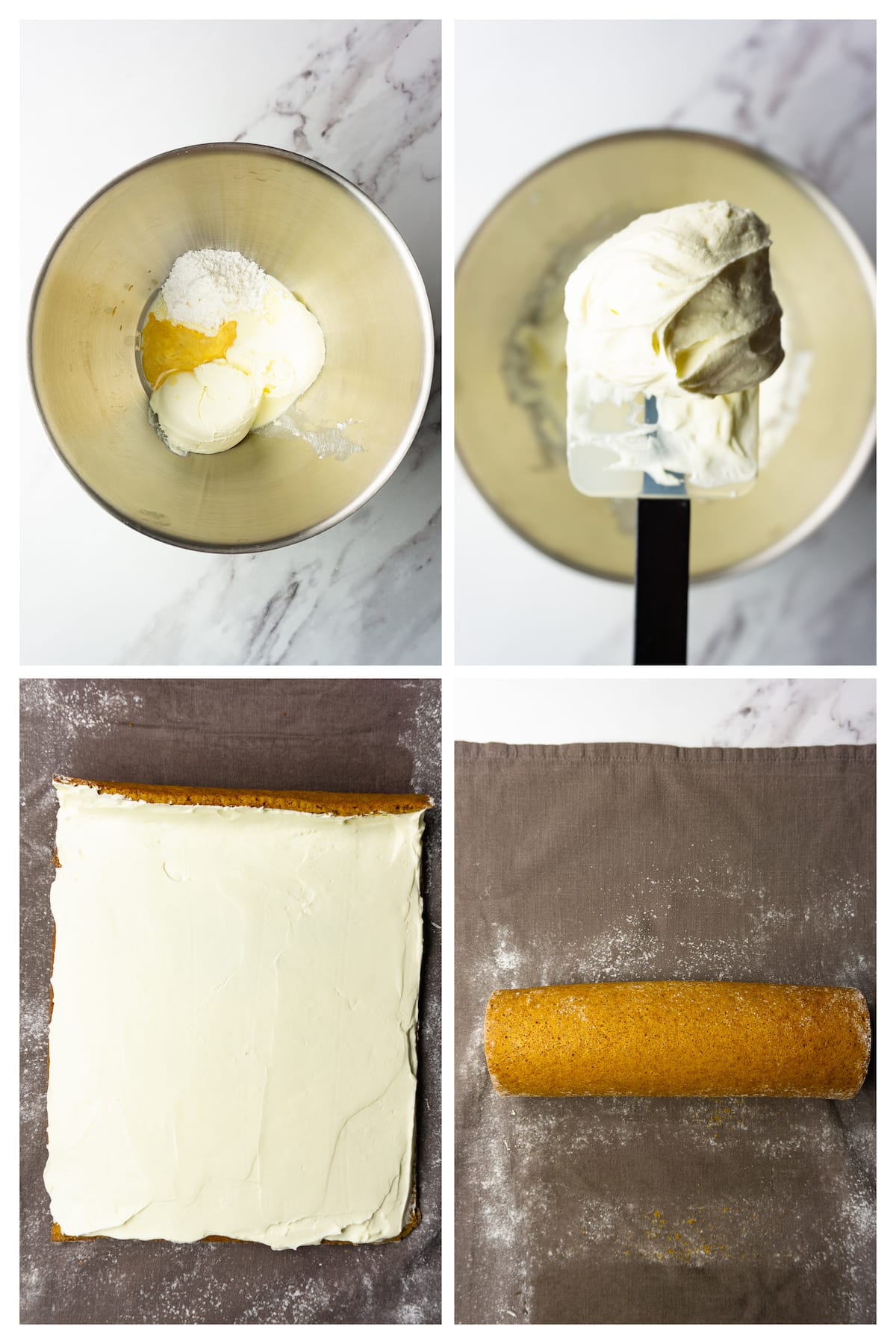 Collage image showing how to make cream cheese frosting for pumpkin roll.