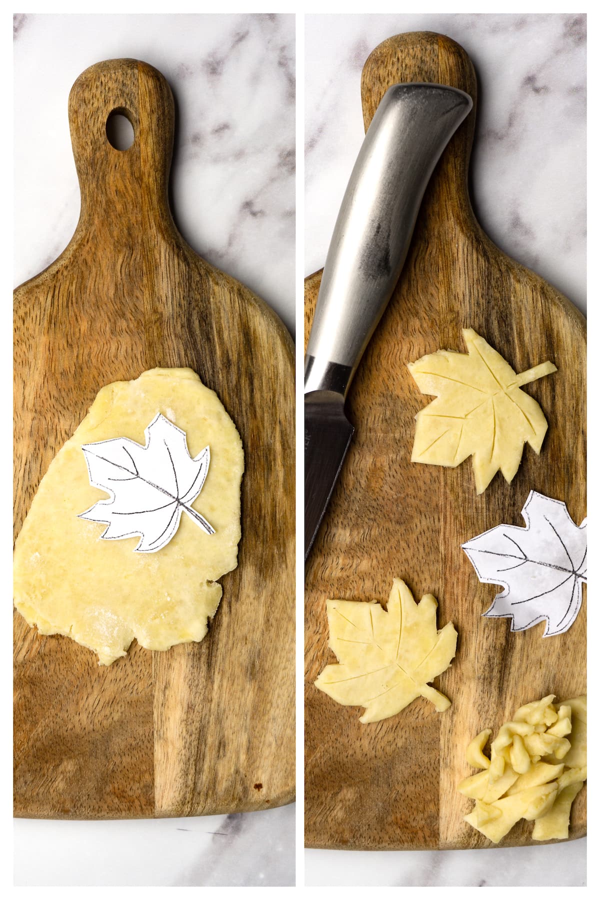 Collage image showing how to make puff pastry maple leaves.