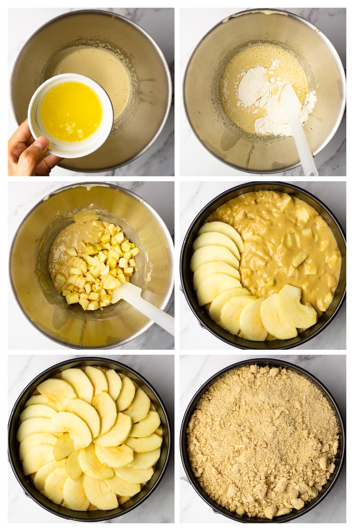 Collage image showing how to make apple crumb cake batter and how to assemble the cake before baking.
