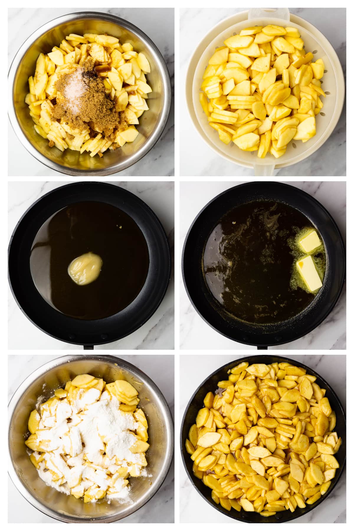 Collage image showing how to make apple pie filling.