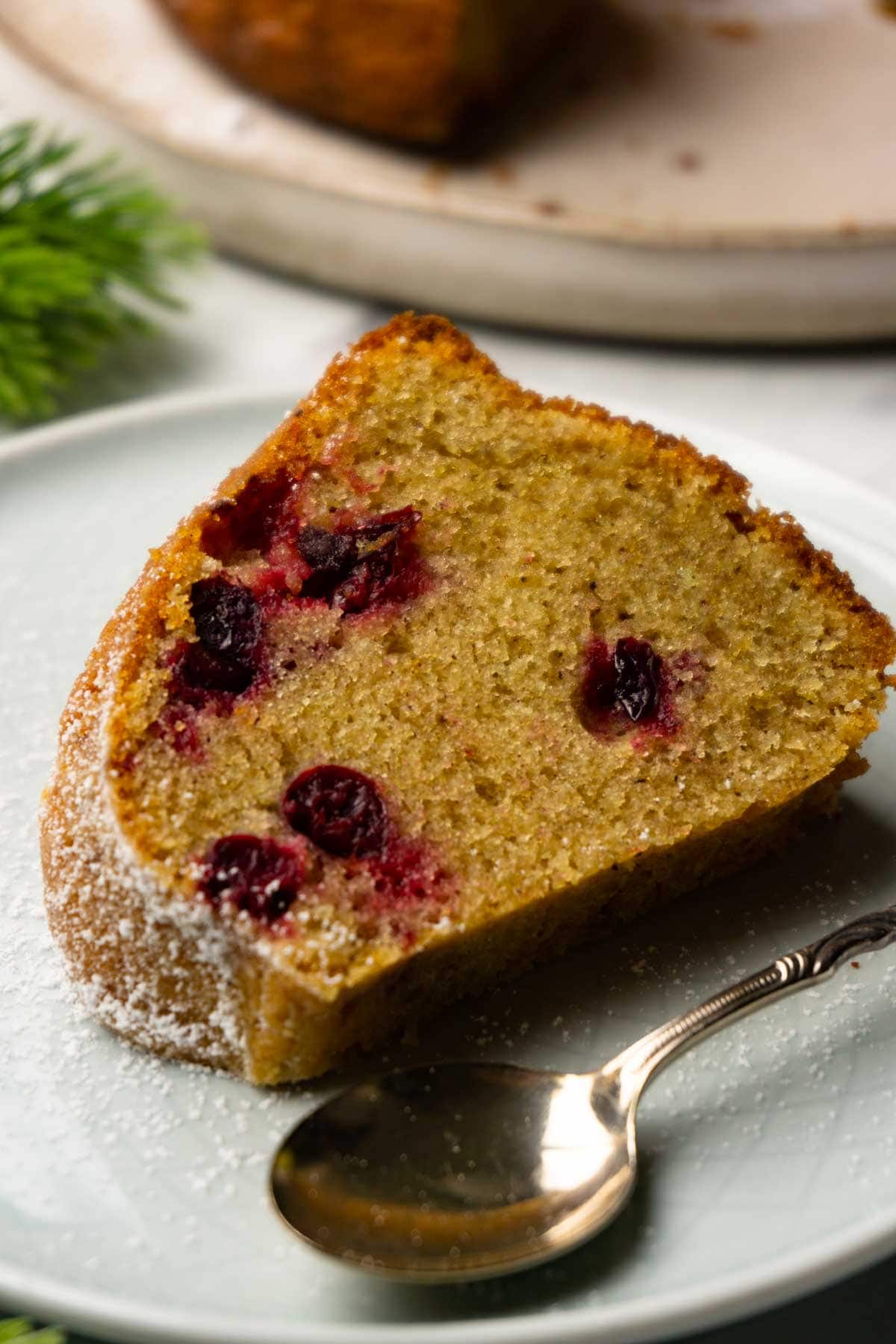 A piece of a bundt cake with cranberries dusted with powdered sugar and served on a plate with a dessert spoon.