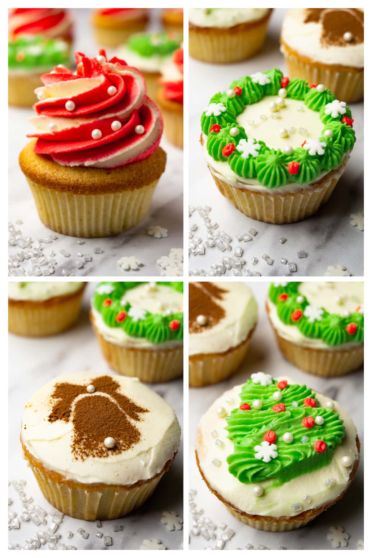 Collage image showing 4 different ways to decorate Christmas cupcakes.