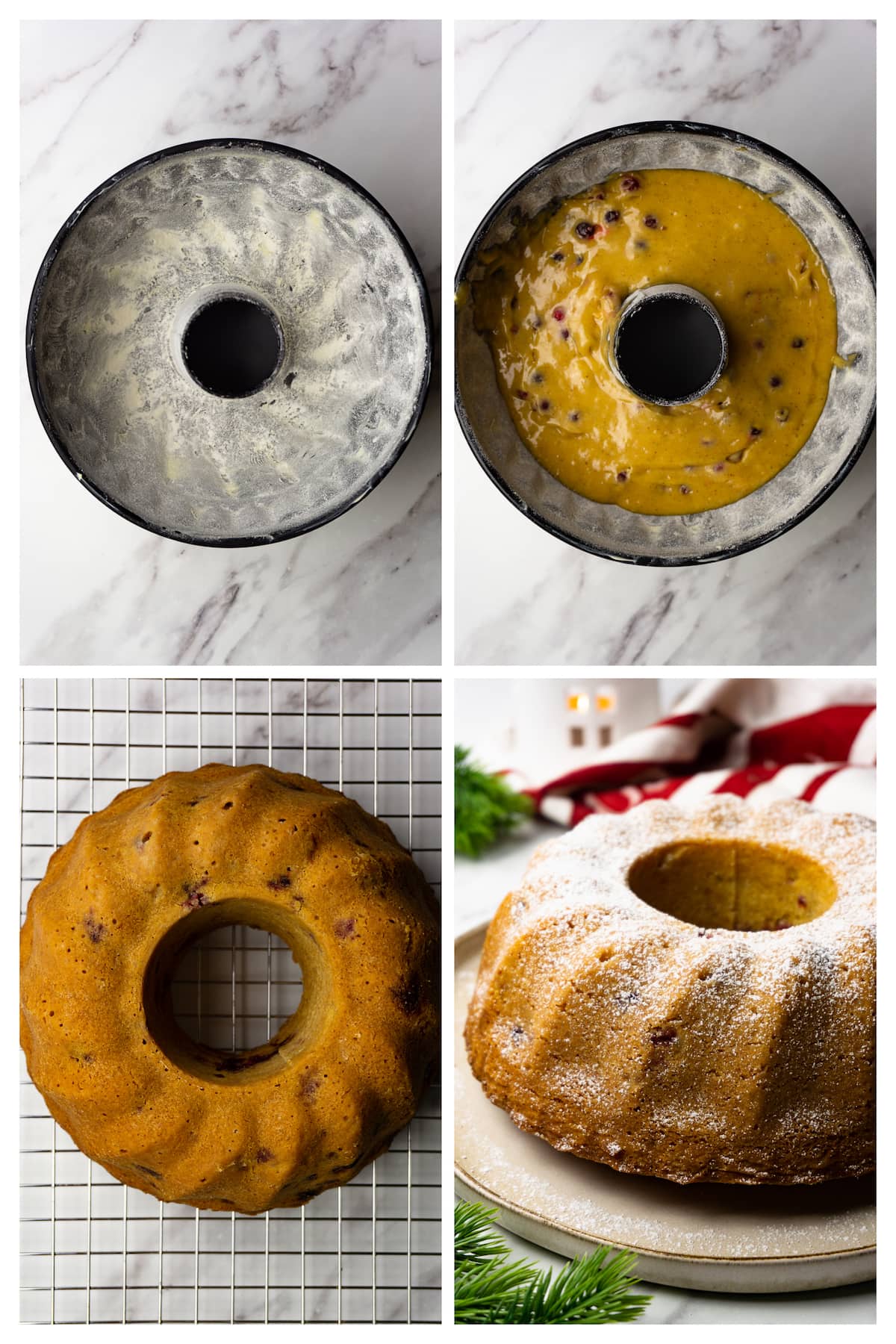 Collage image that shows six steps to bake and decorate a Christmas bundt cake.