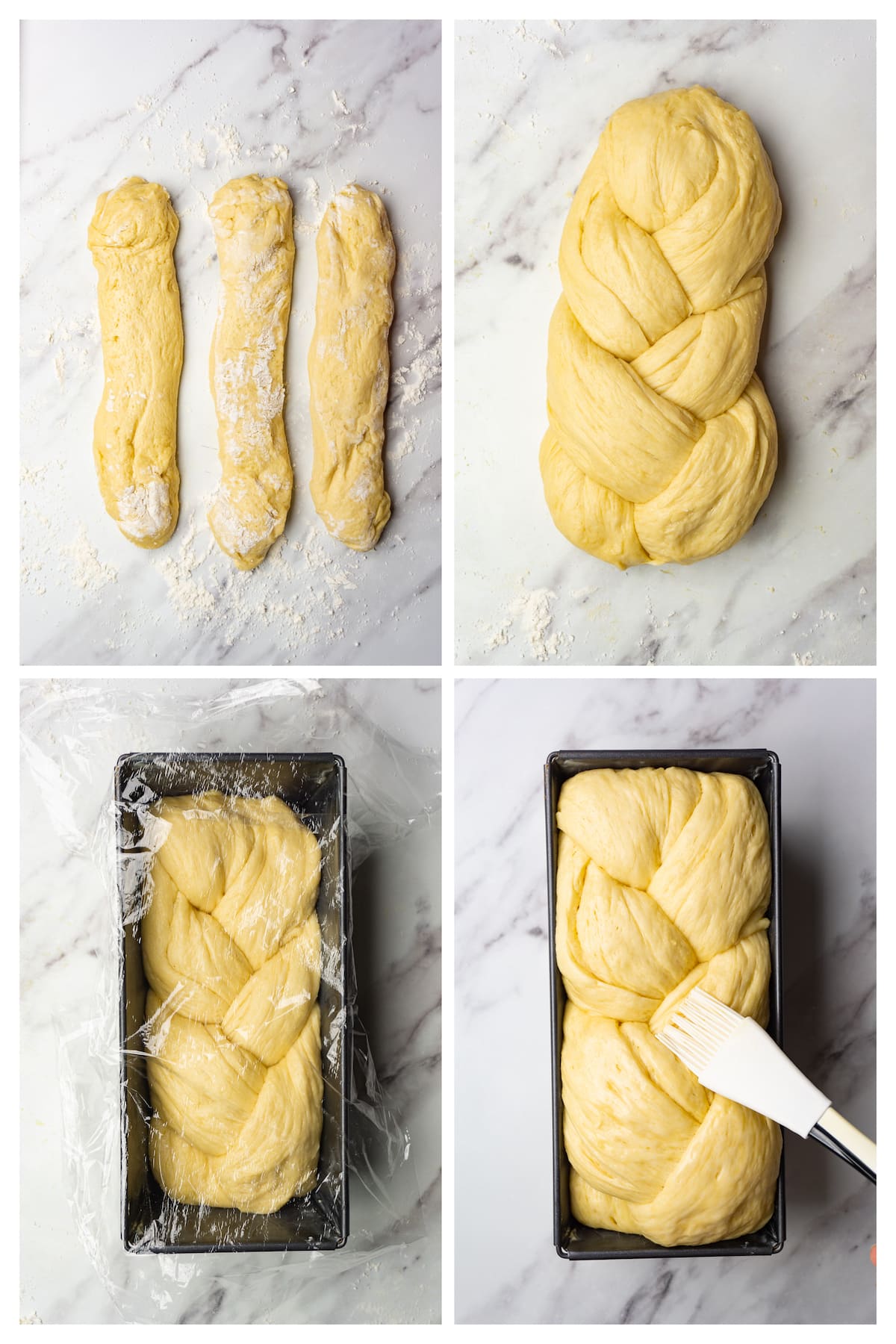 Collage image showing 4 steps to braid brioche bread.