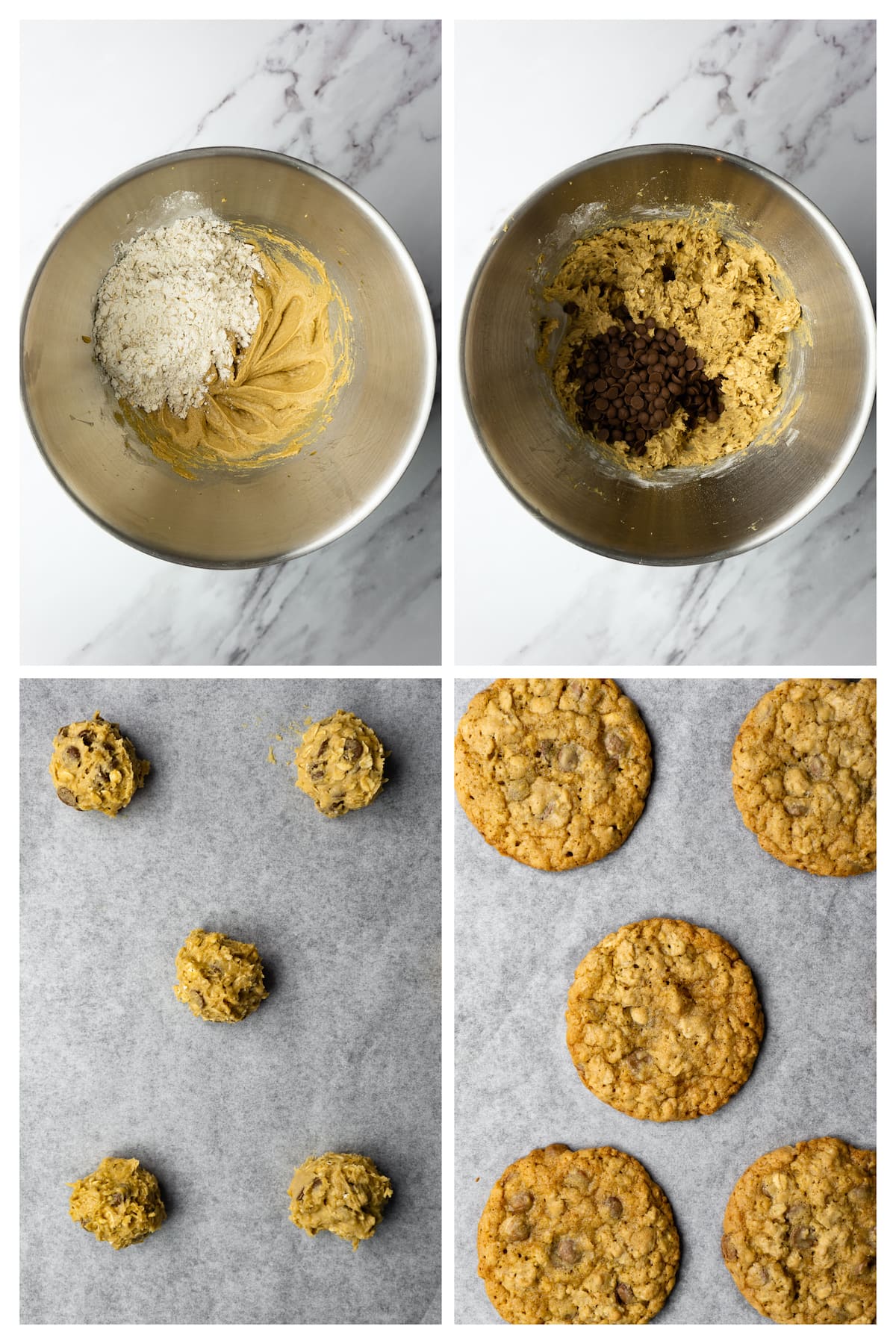 Collage image that shows 4 steps to make oatmeal chocolate chip cookies.