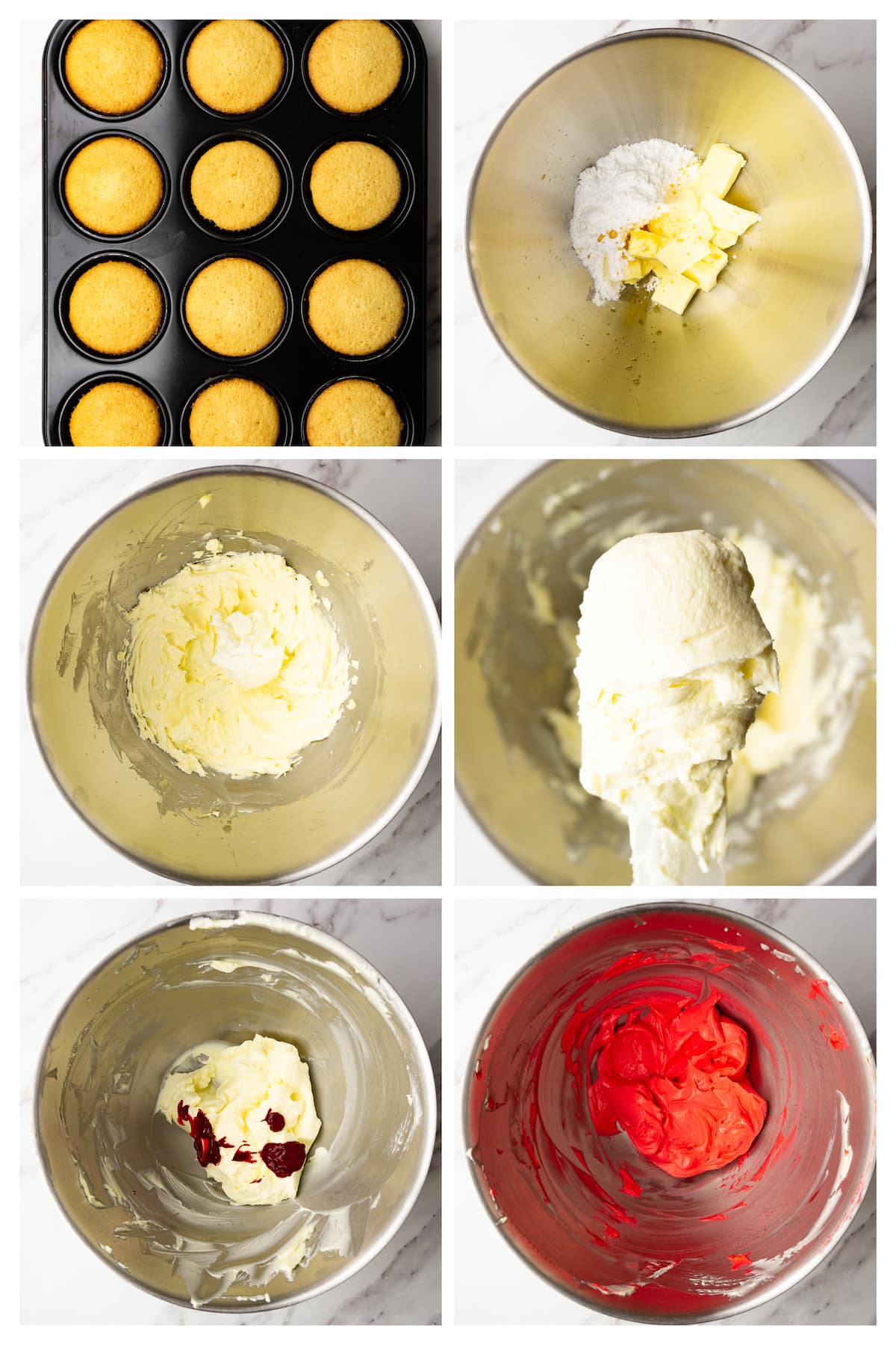 Collage image showing how to make white and red cream cheese frosting.