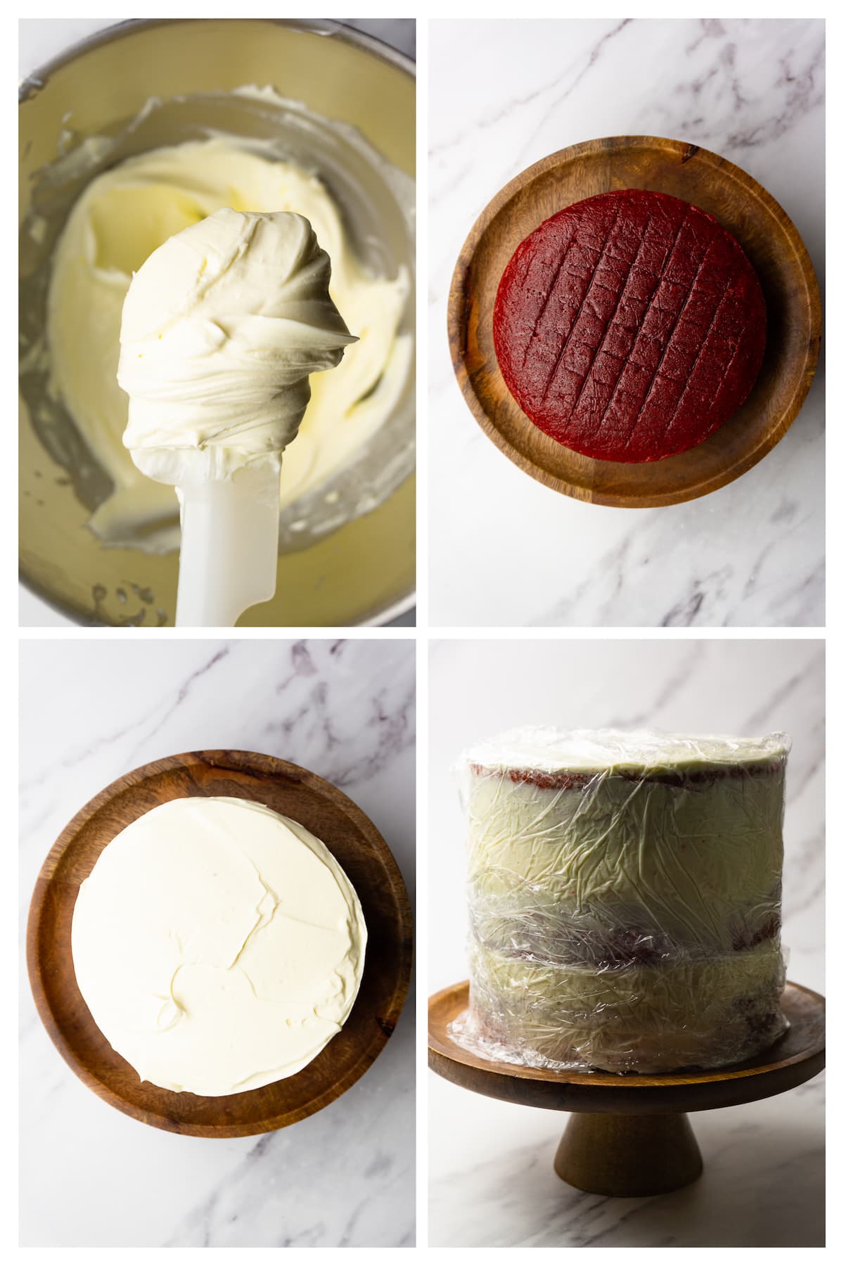 Collage image showing four steps to assemble red velvet cake.