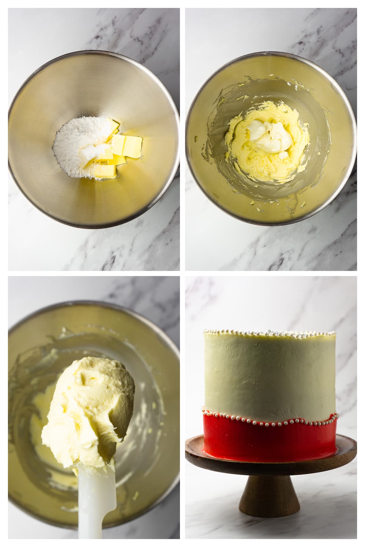 Collage image showing four steps to frost and decorate red velvet cake.