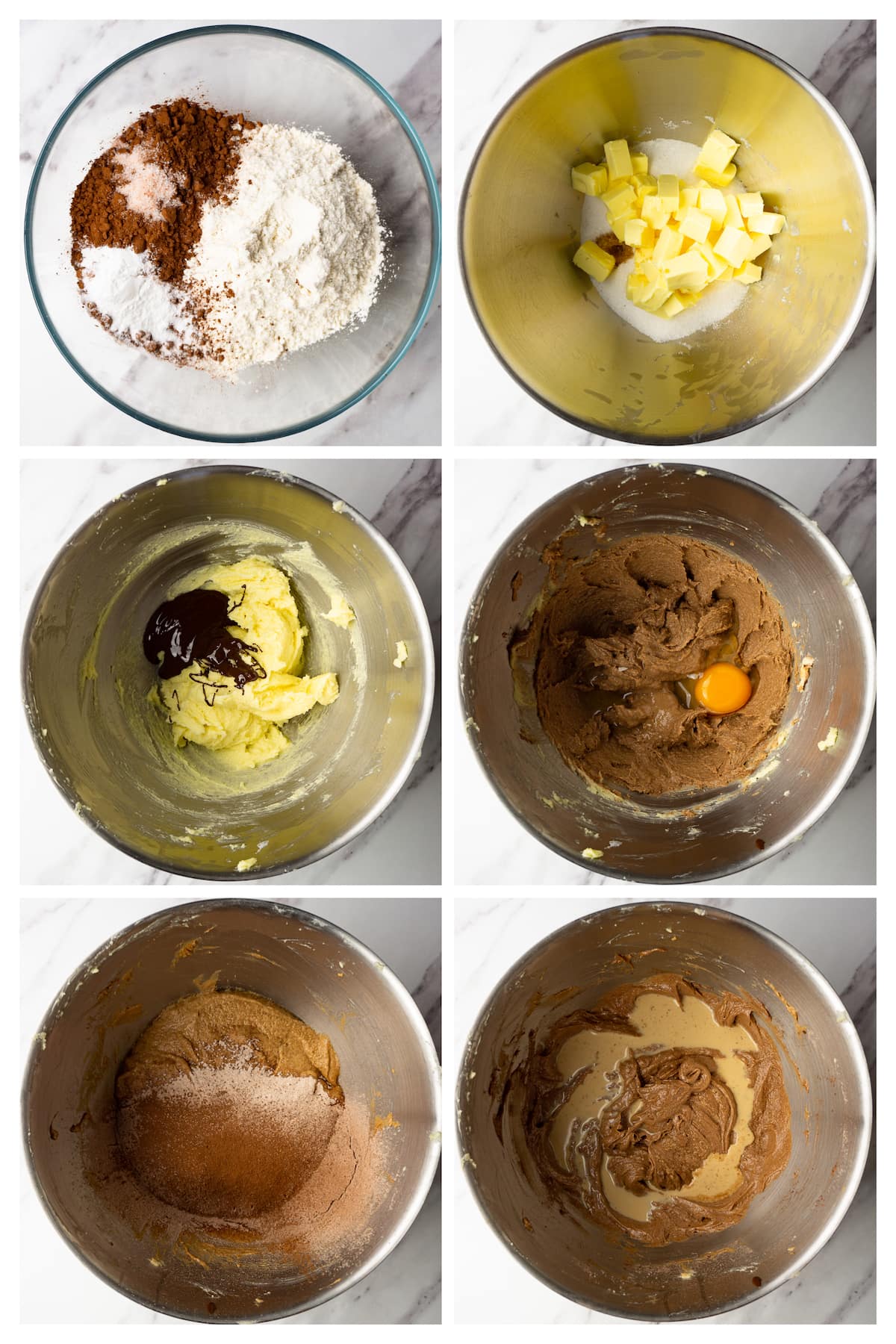 Collage image showing six steps to make a chocolate bundt cake batter.