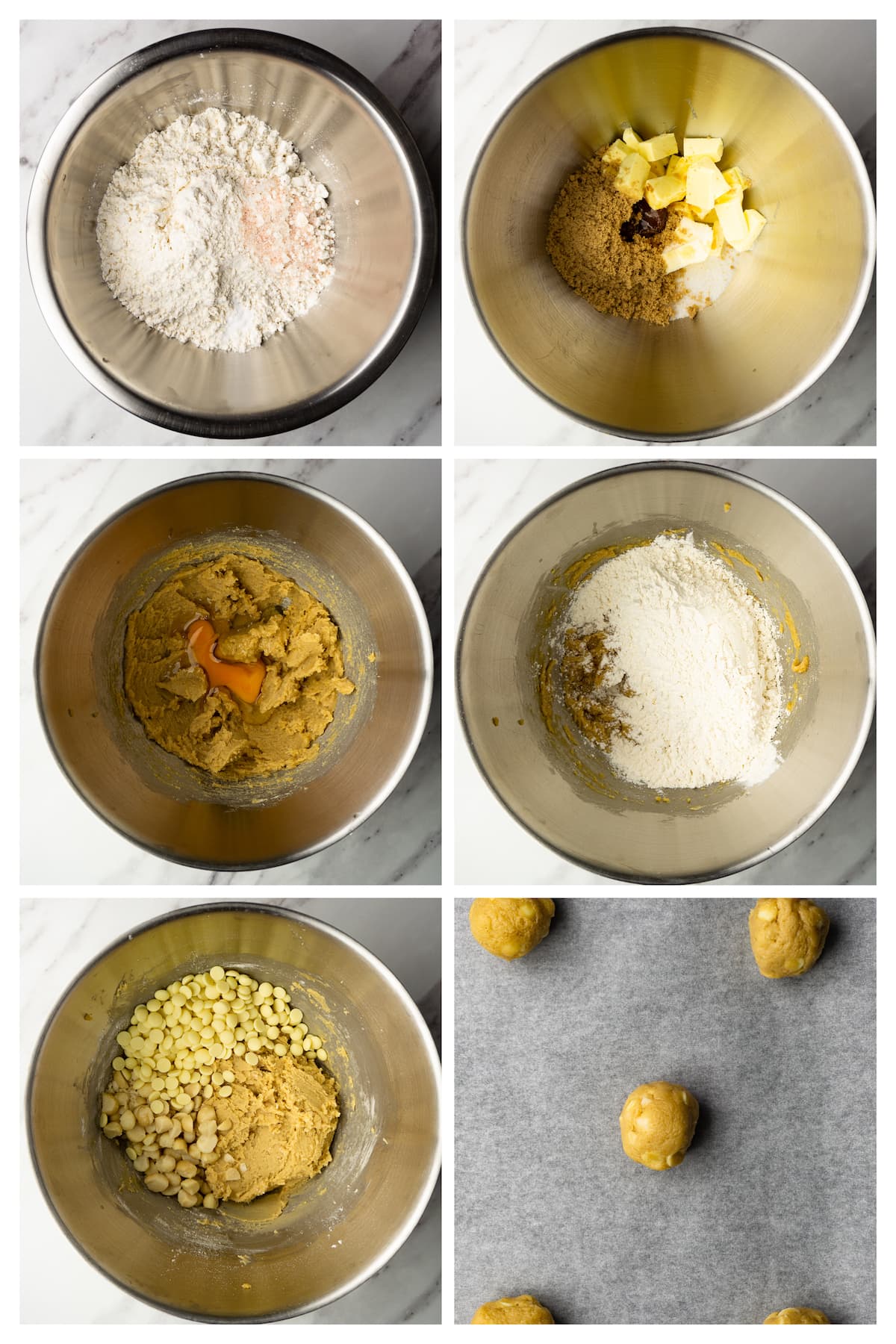 Collage image showing six steps to make white chocolate macadamia nut cookies.