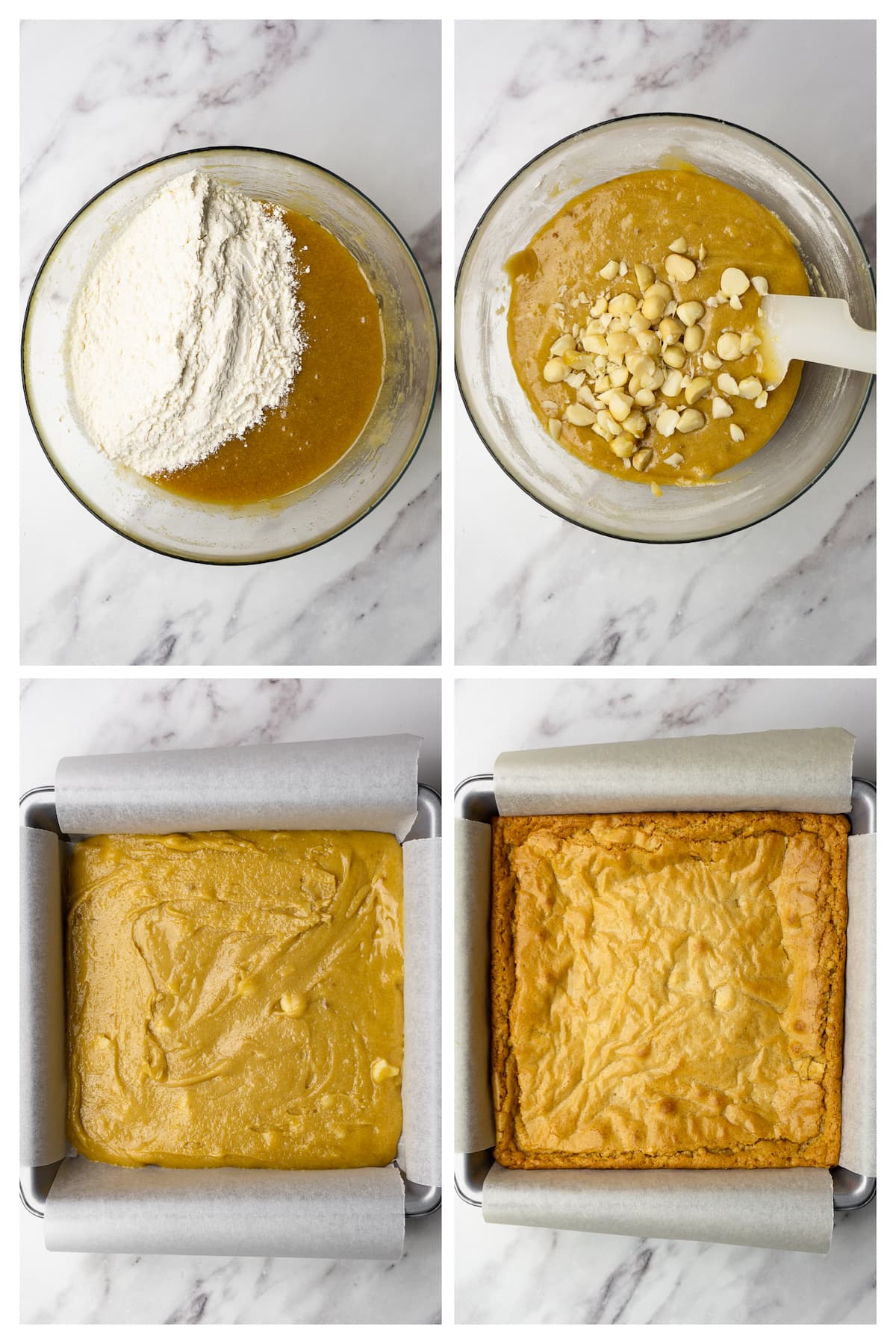 Collage image showing four steps to make blonde brownies with macadamia nuts.