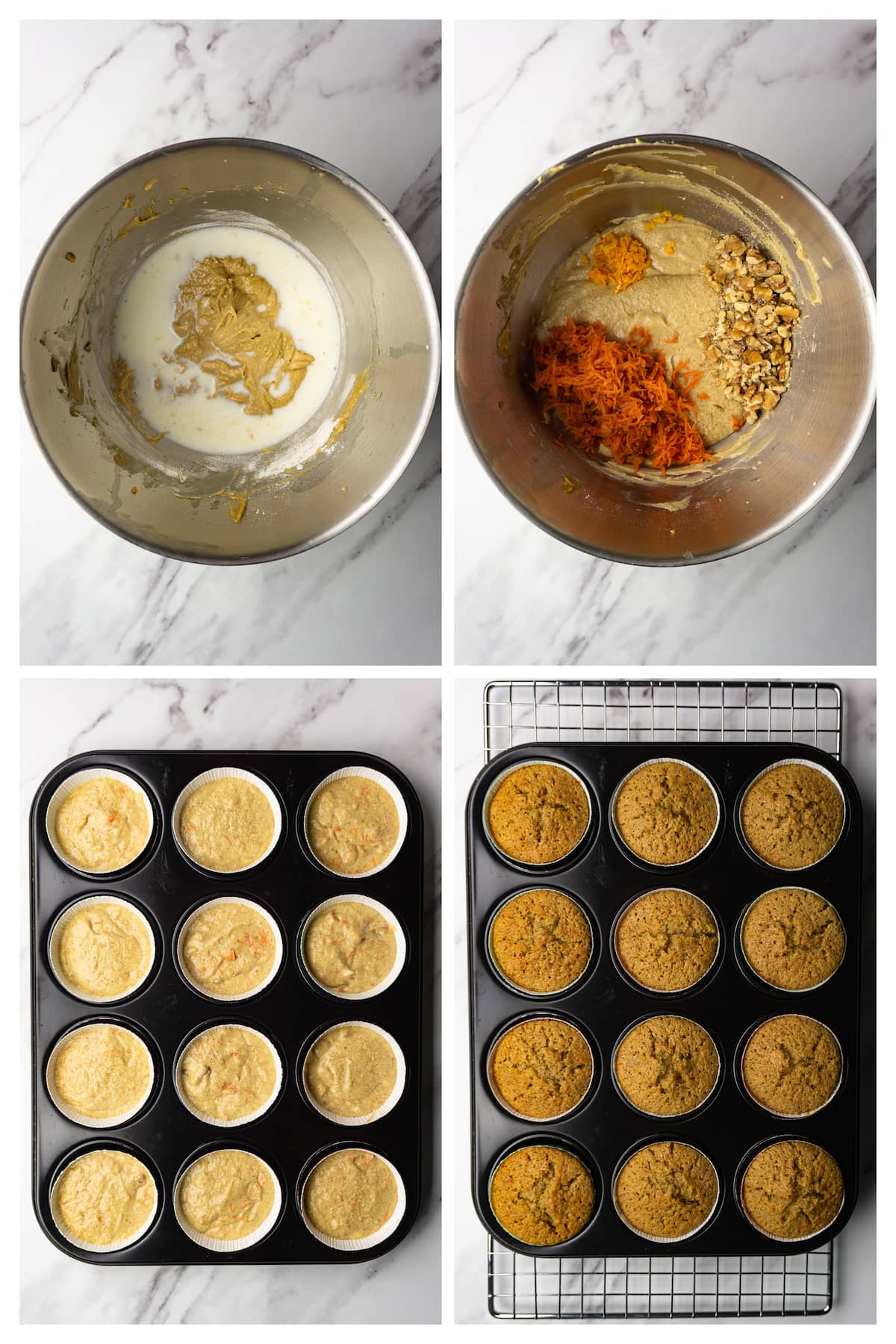Collage image showing four steps to bake carrot cake muffins.