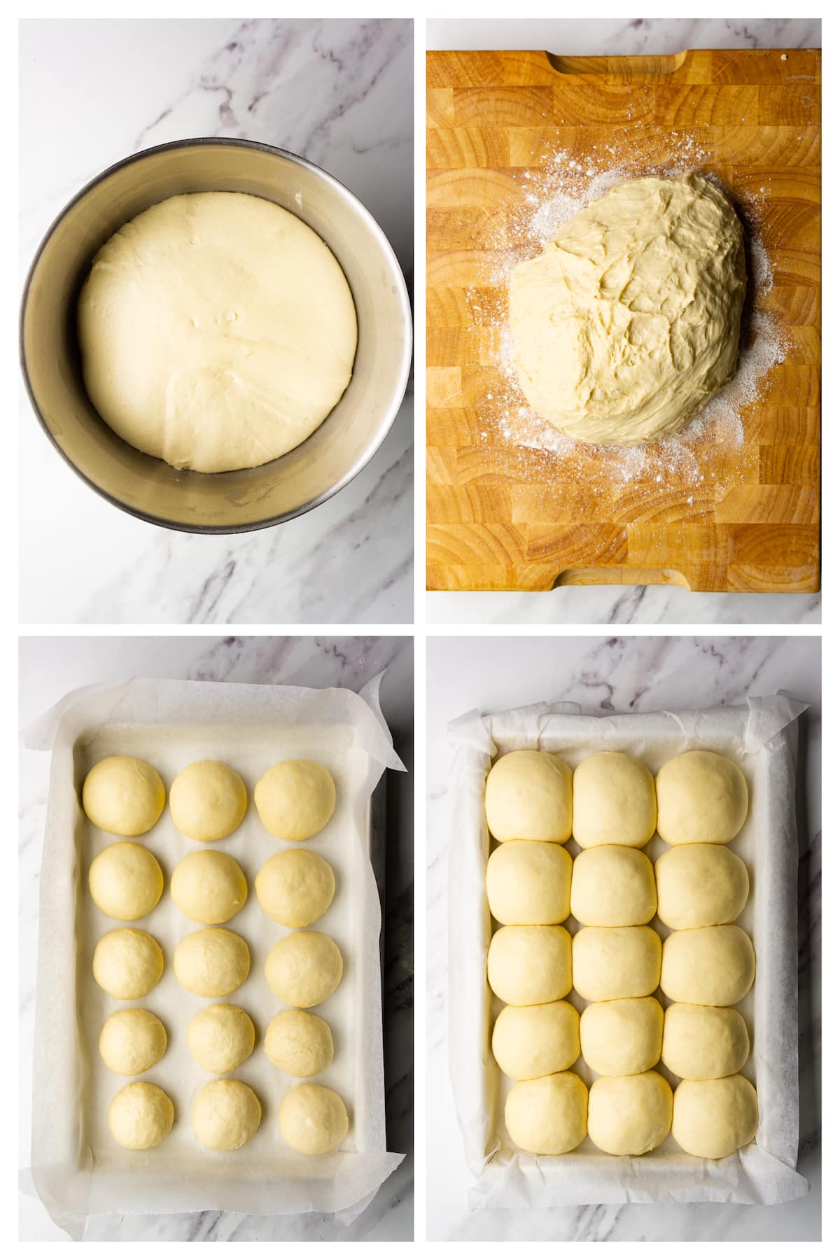 Collage image showing four steps to shape dinner rolls.