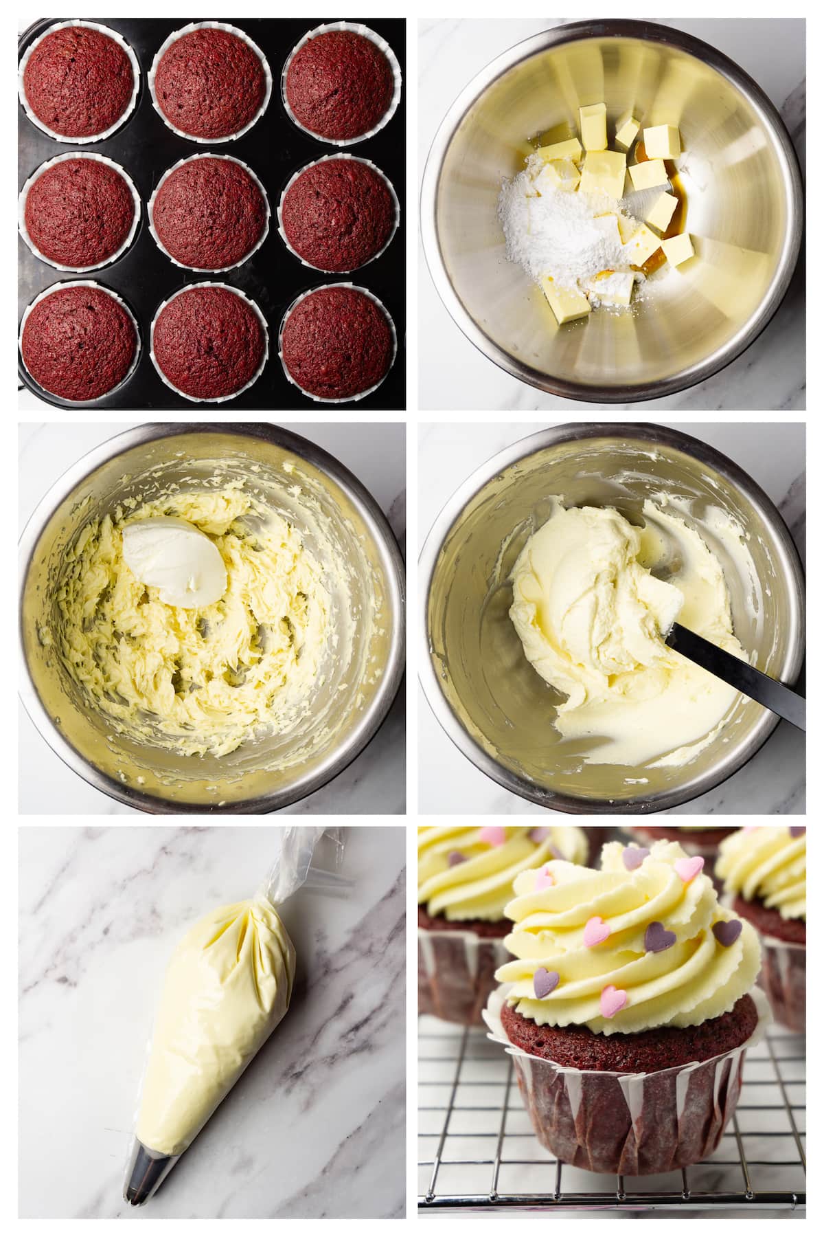 Collage image showing six steps to make bake and decorate red velvet cupcakes.