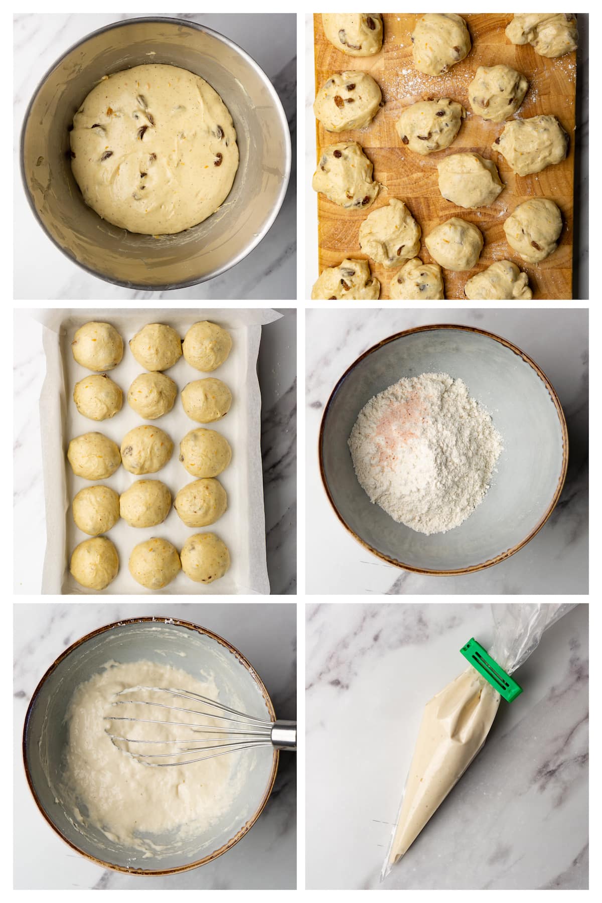 Collage image showing six steps to shape hot cross buns.