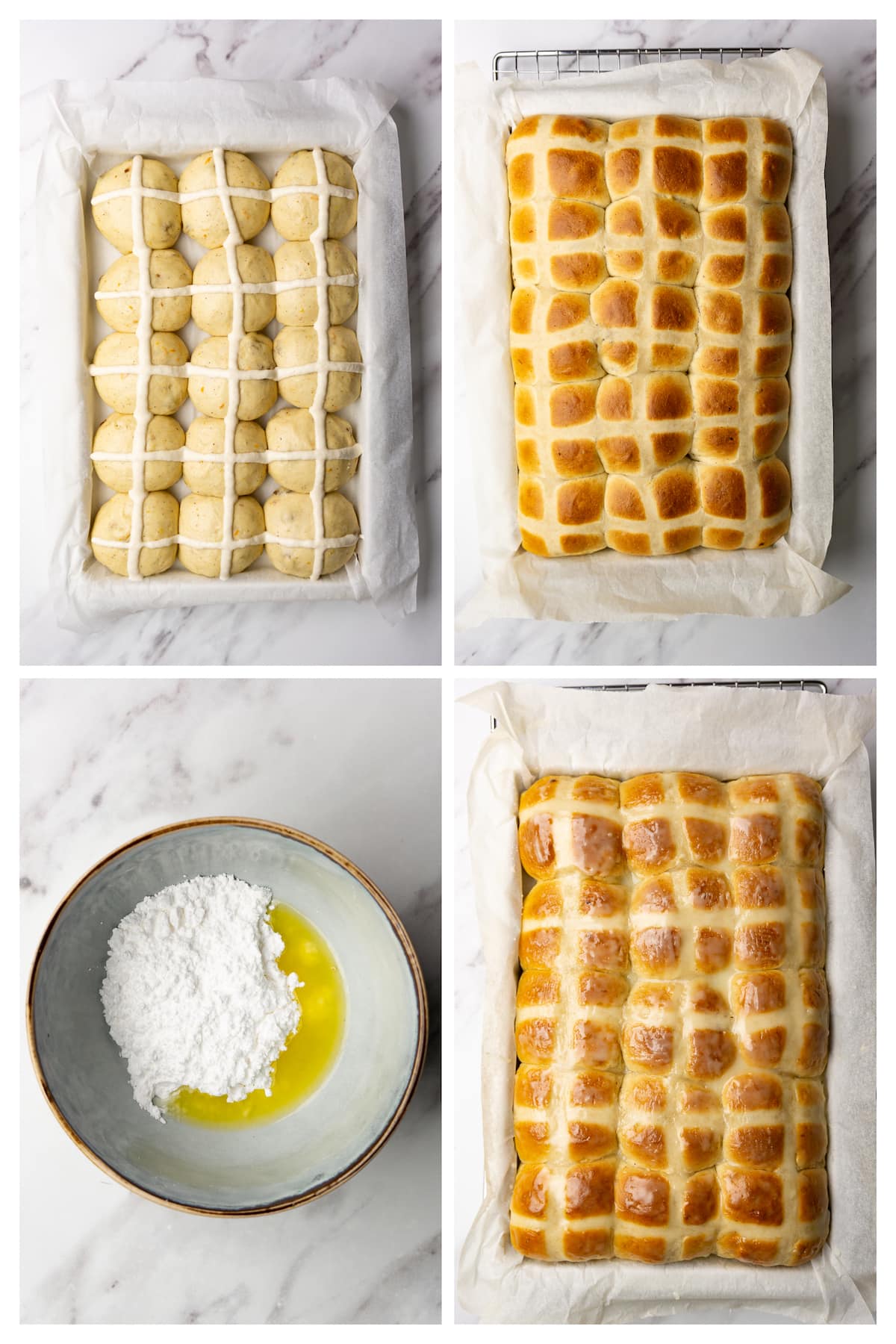 Collage image showing six steps to bake and glaze hot cross buns.