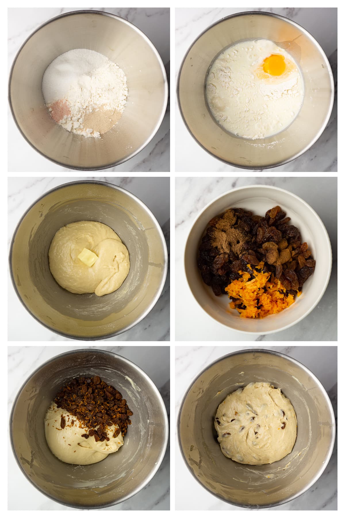 Collage image showing six steps to make hot cross buns dough.