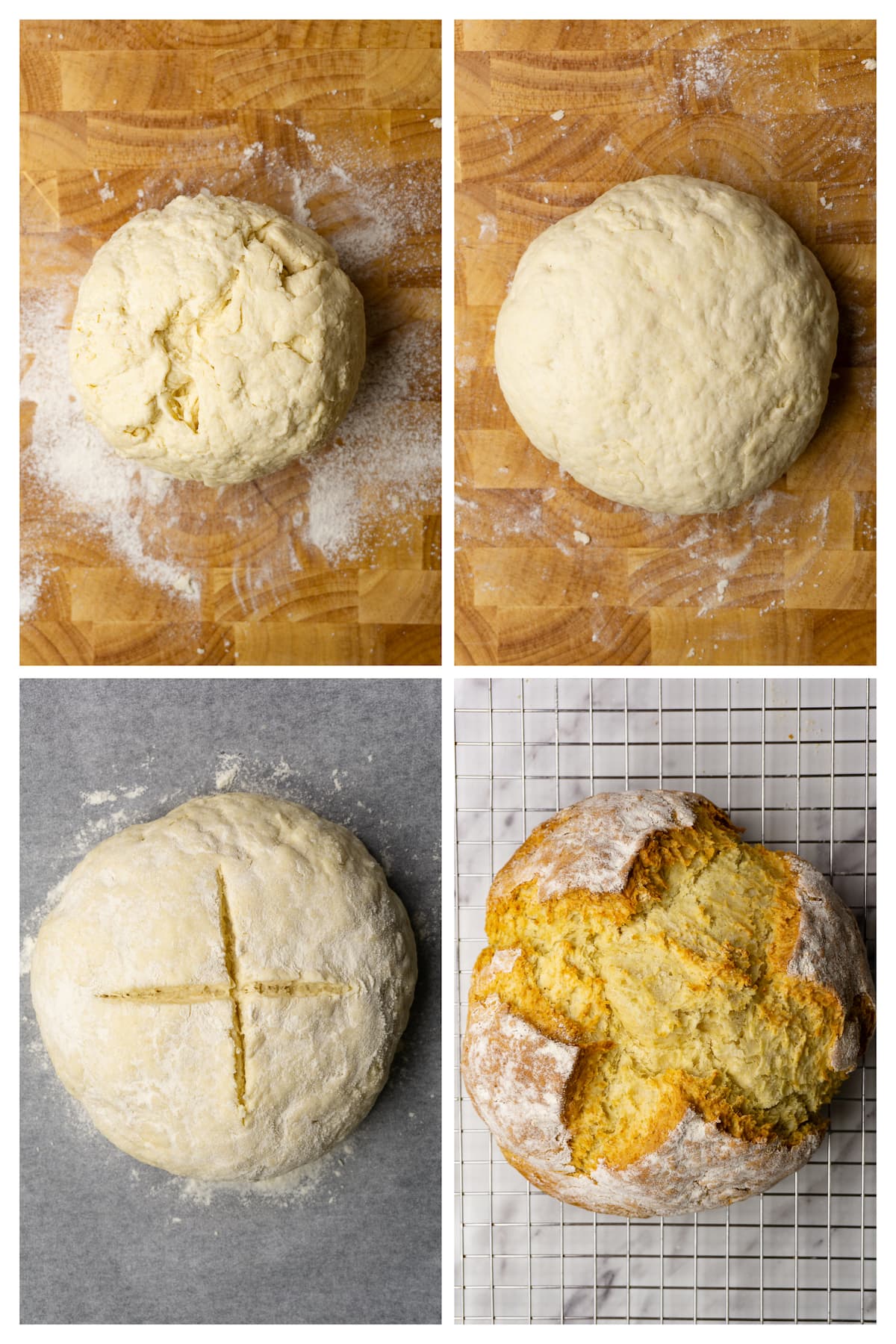 Collage image showing four steps to shape and bake soda bread.