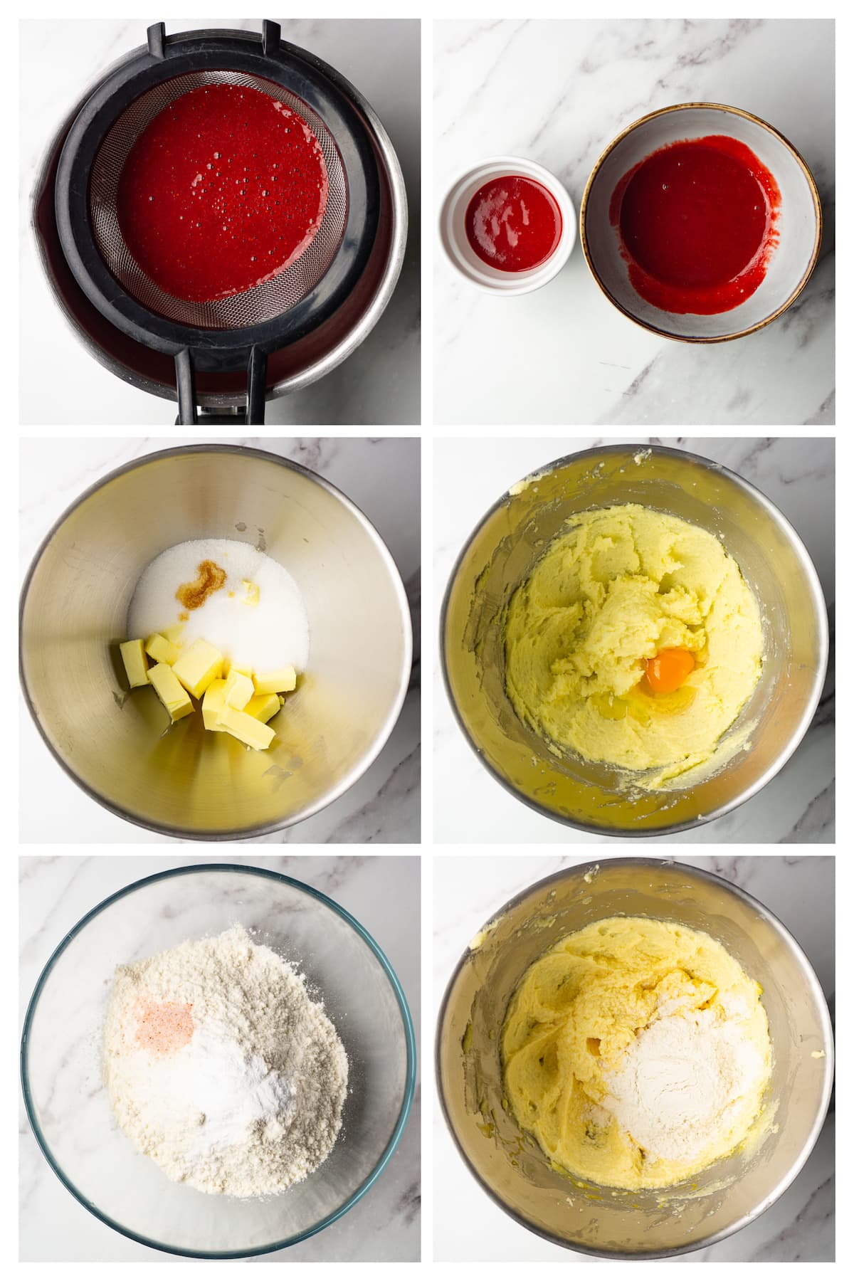 Collage image showing six steps to make strawberry pound cake.