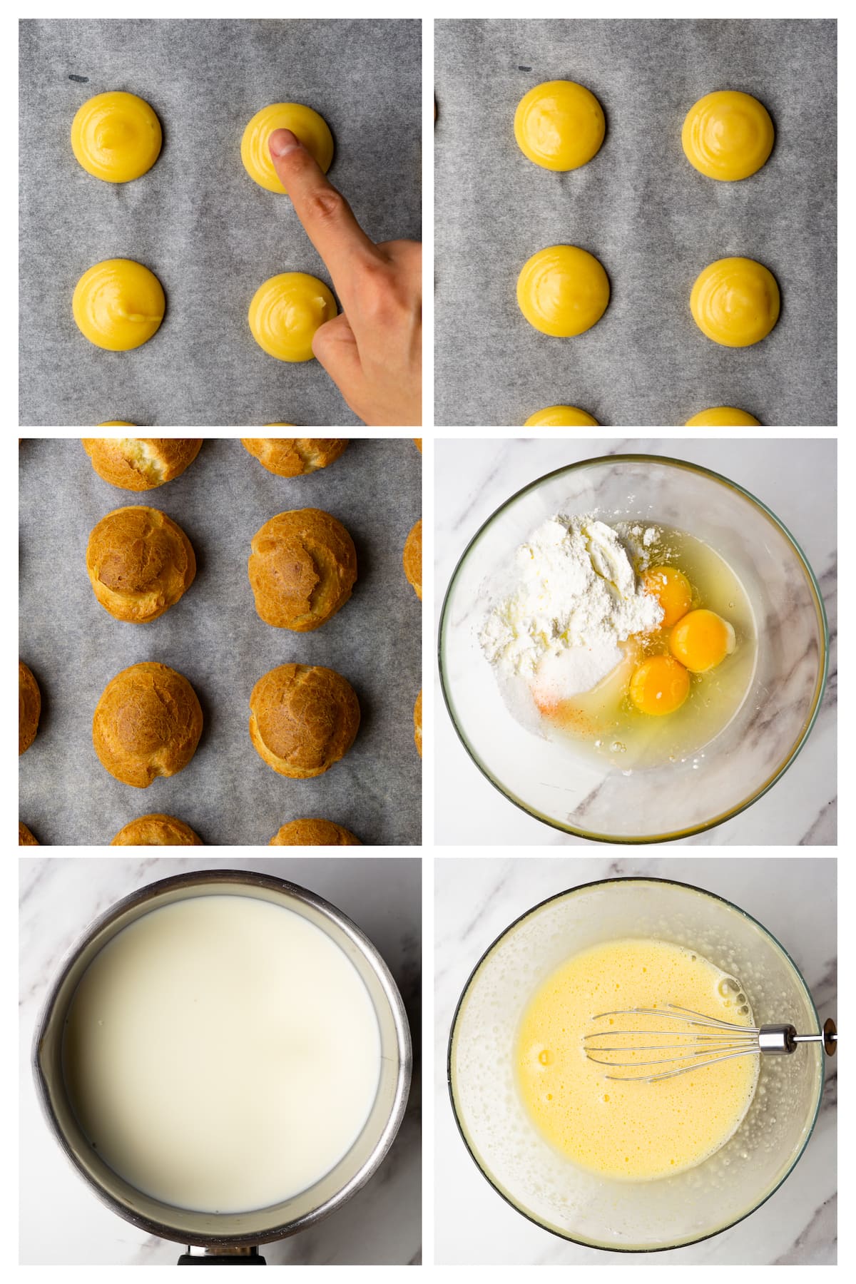 Collage image showing six steps to bake profiteroles and make pastry cream filling for them.