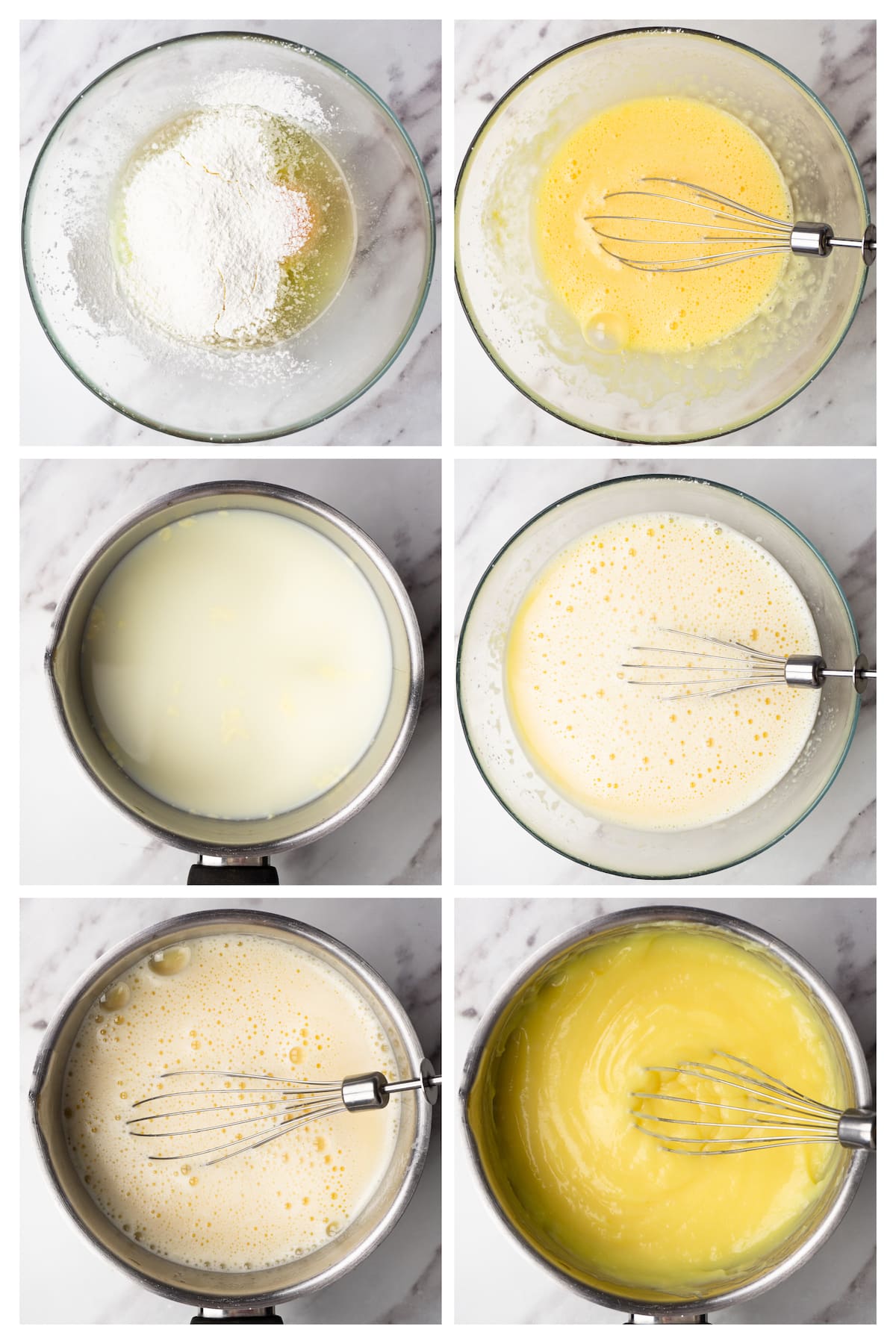 Collage image showing six steps to make pastry cream.