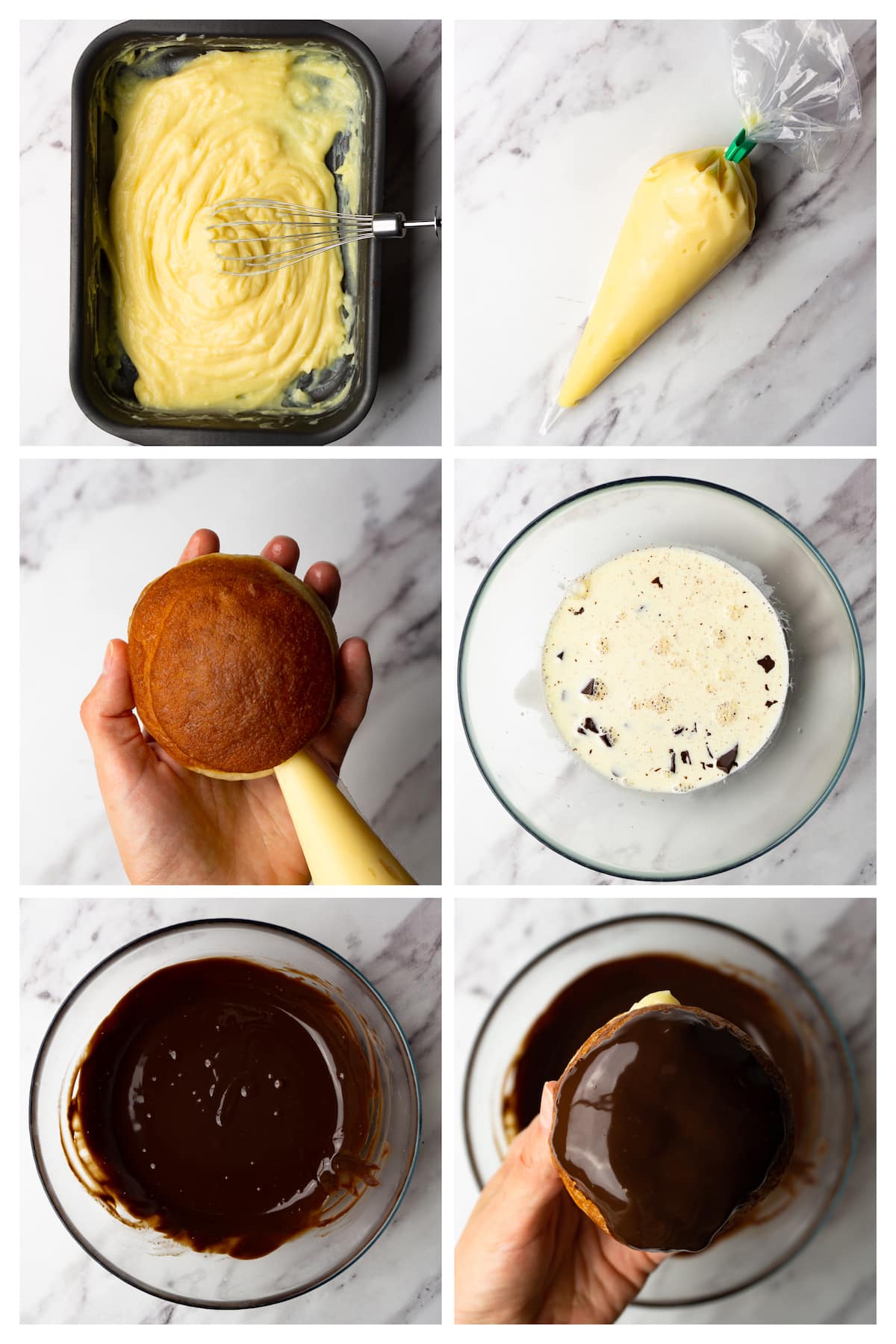 Collage image showing six steps to fill Boston donuts with pastry cream and glaze them with chocolate ganache.